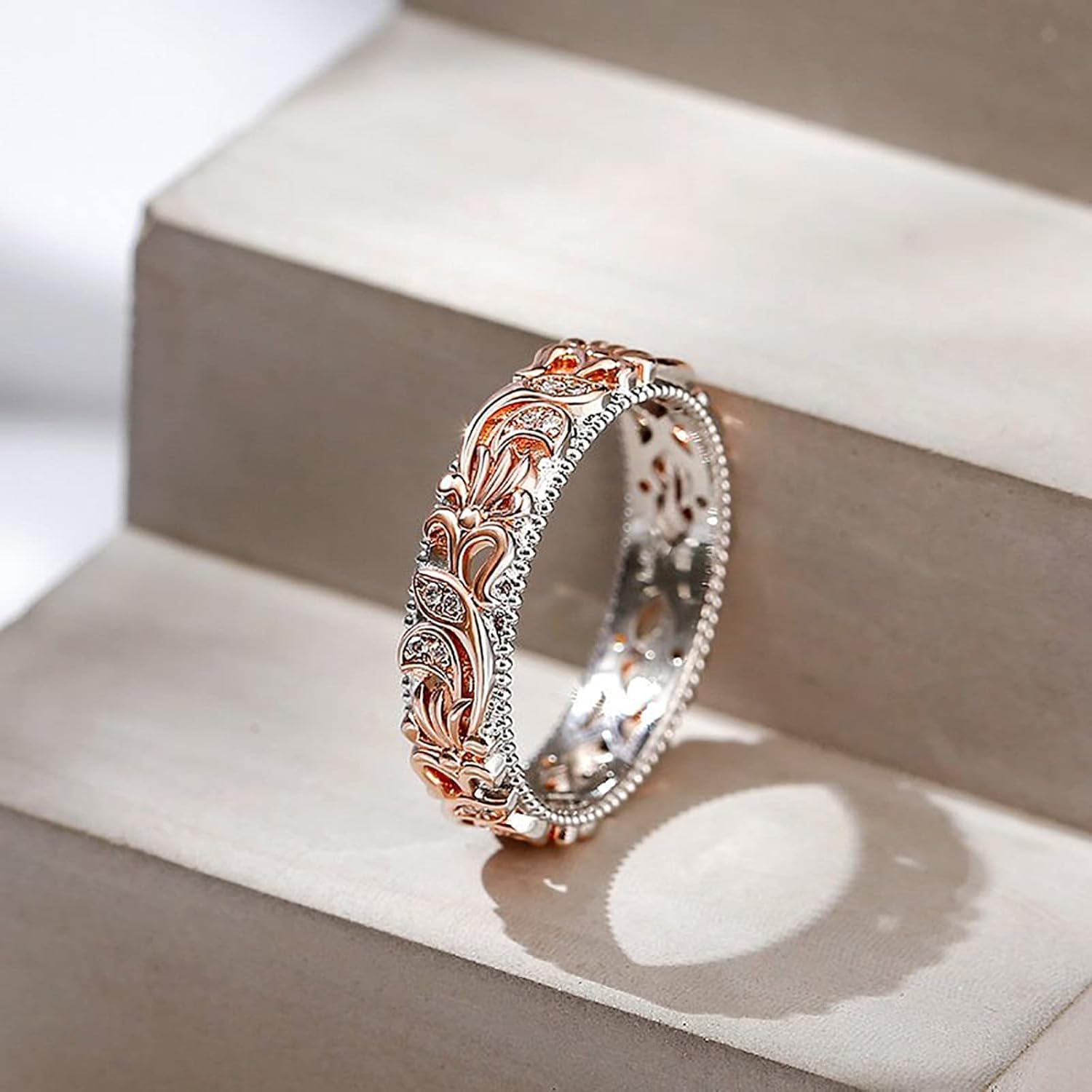 Jeulia Floral Ring Band Sterling Silver Two Tone Leaf Carved Vintage Unique Hollow Flower Rose Gold Jewelry Engagement Wedding Bridal Sets Stackable Anniversary Promise with Gift Box
