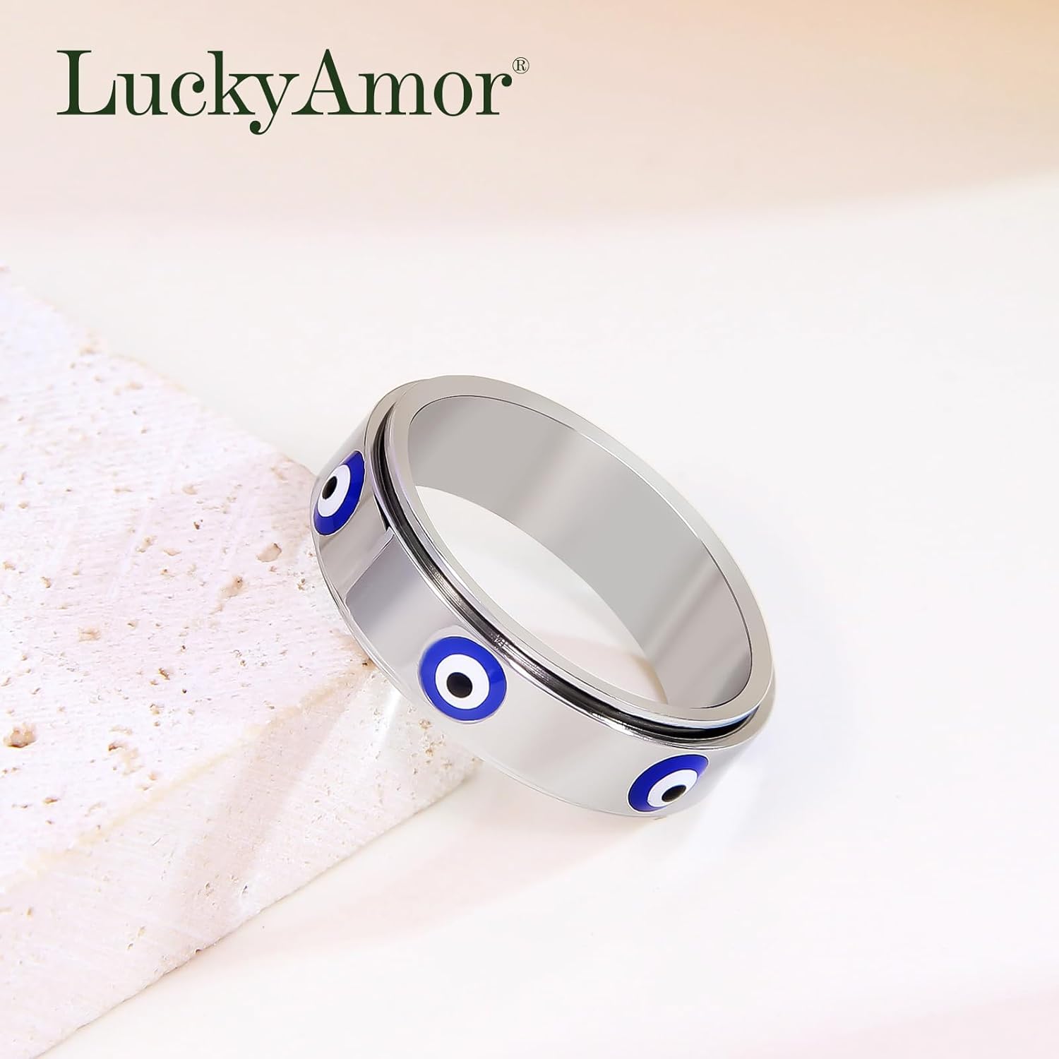 Evil Eye Fidget Ring for Women - 18K Gold Plated Stainless Steel Spinner Rings for Anxiety Relief, Ojo Turco Ring Luck Amulet, Turkish Faith Protection Stackable Jewelry Gift for Women Men