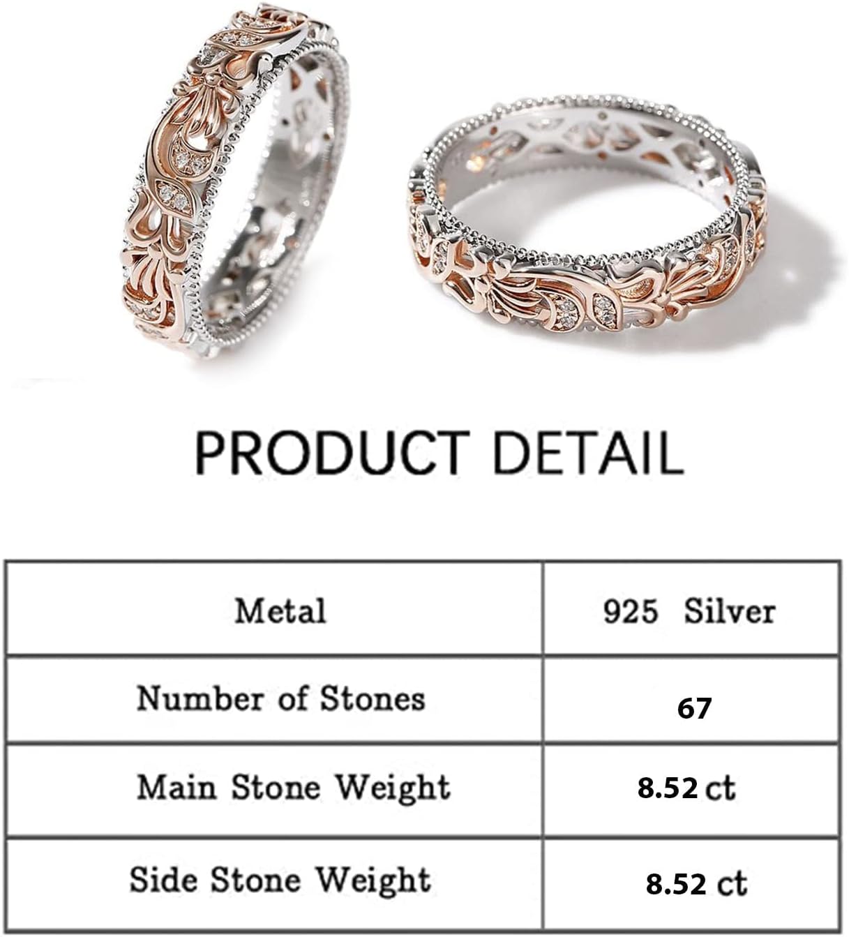 Jeulia Floral Ring Band Sterling Silver Two Tone Leaf Carved Vintage Unique Hollow Flower Rose Gold Jewelry Engagement Wedding Bridal Sets Stackable Anniversary Promise with Gift Box