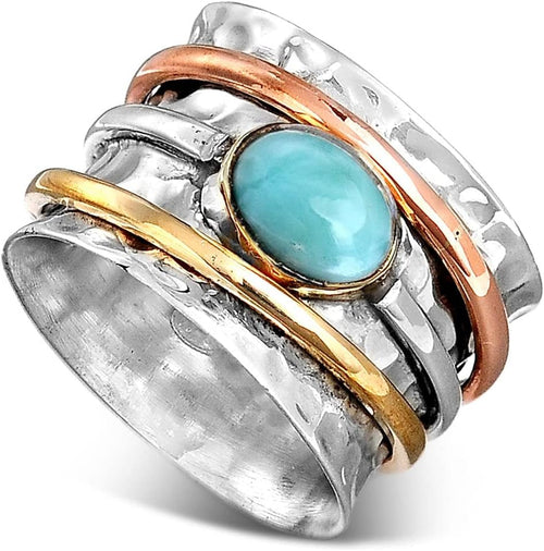 Boho-Magic 925 Sterling Silver Spinner Ring for Women with Larimar Gemstone – Wide Band Statement Ring with Copper and Brass Spinning Bands – Unique Handmade Silver Ring for Style and Calm