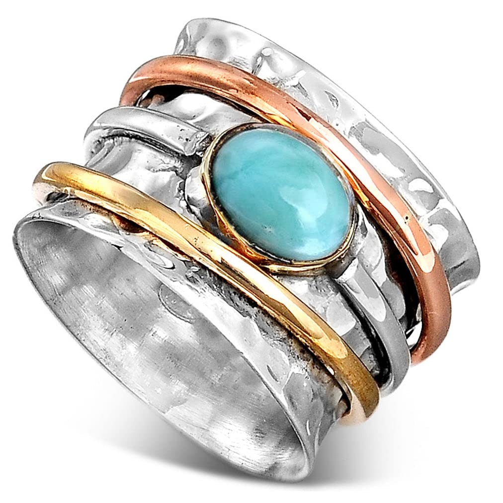 Boho-Magic 925 Sterling Silver Spinner Ring for Women with Larimar Gemstone – Wide Band Statement Ring with Copper and Brass Spinning Bands – Unique Handmade Silver Ring for Style and Calm