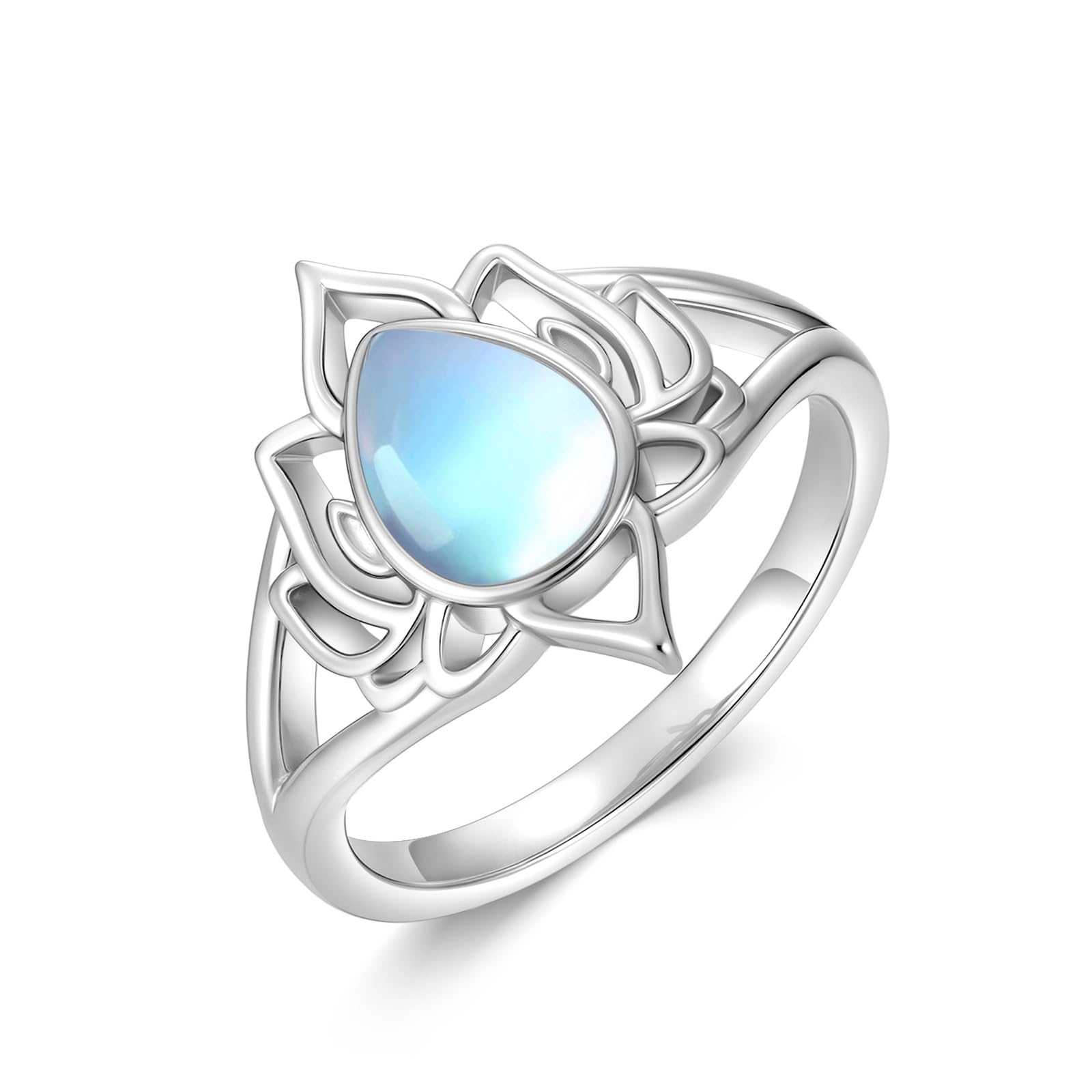 Moonstone Lotus Rings for Women 925 Sterling Silver Lotus Flower Ring Yoga Spiritual Protection Jewelry for Women Lotus Gifts
