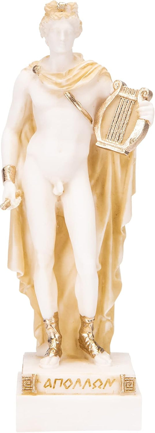 BEAUTIFUL GREEK STATUES Apollo God Of Music Poetry Art Gold Tone Alabaster Statue Sculpture 6.4 Inches