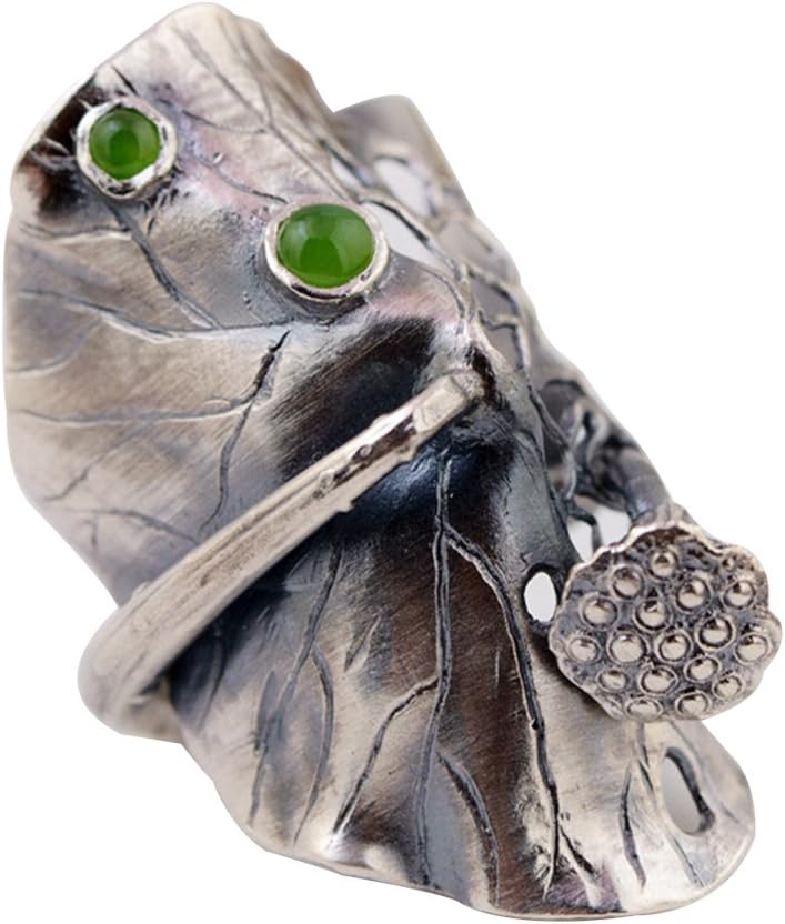 Vintage Large 990 Sterling Silver Lotus Leaf Wrap Ring with Natural Green Jade Punk Jewelry for Women Open Adjustable