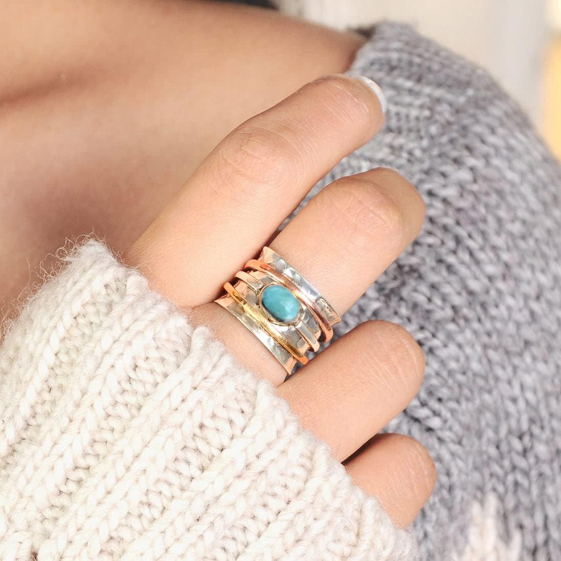 Boho-Magic 925 Sterling Silver Spinner Ring for Women with Larimar Gemstone – Wide Band Statement Ring with Copper and Brass Spinning Bands – Unique Handmade Silver Ring for Style and Calm