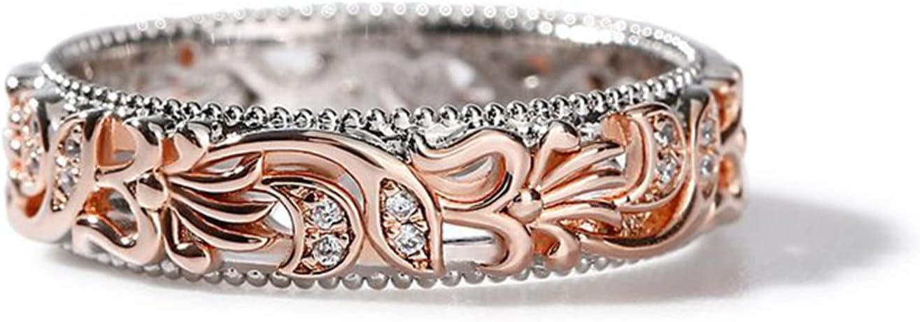 Jeulia Floral Ring Band Sterling Silver Two Tone Leaf Carved Vintage Unique Hollow Flower Rose Gold Jewelry Engagement Wedding Bridal Sets Stackable Anniversary Promise with Gift Box