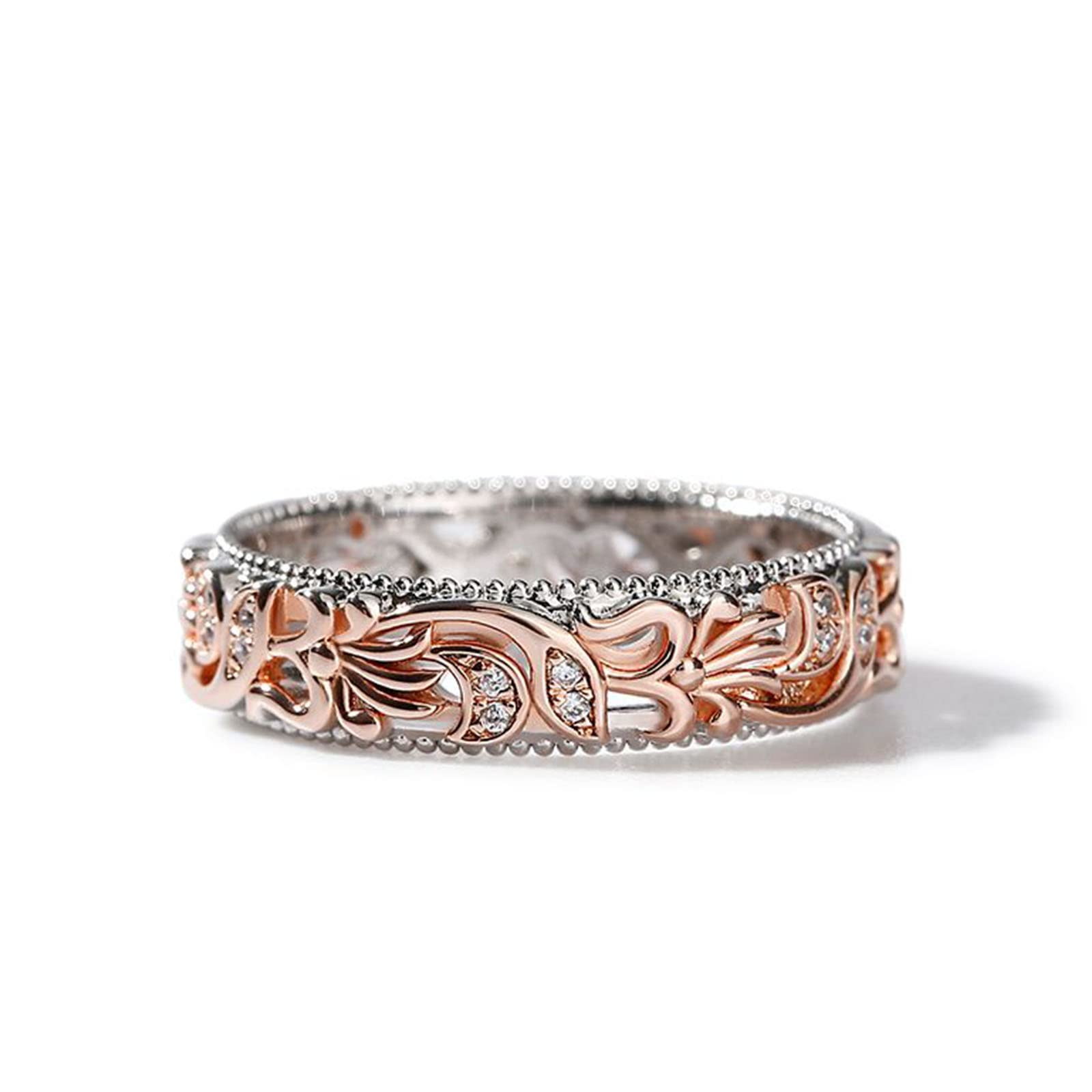 Jeulia Floral Ring Band Sterling Silver Two Tone Leaf Carved Vintage Unique Hollow Flower Rose Gold Jewelry Engagement Wedding Bridal Sets Stackable Anniversary Promise with Gift Box