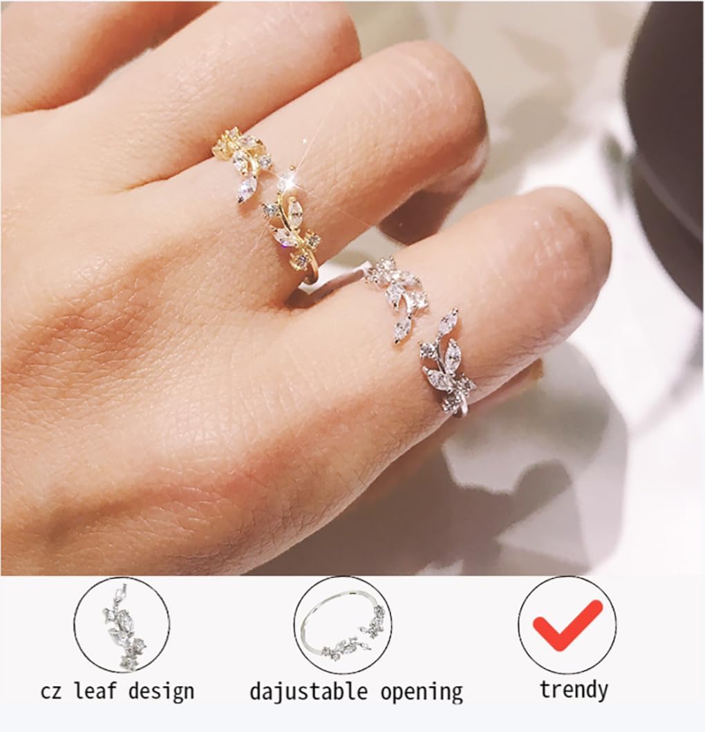 MIFYNN Double Leaf Wrap Rings for Women Dainty Zircon Rings Adjustable Hypoallergenic