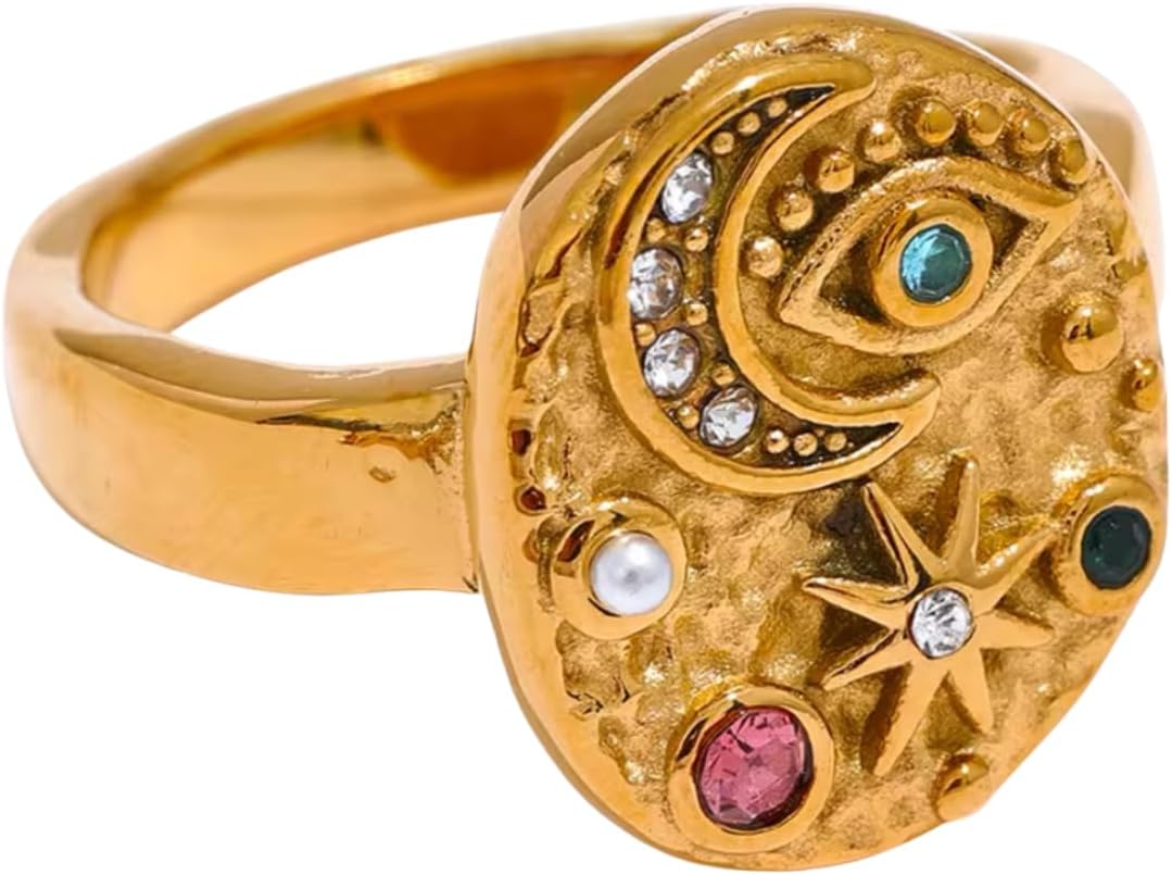 Moon Star Evil Eye Ring for Women - 18K Gold Plated Stainless Steel Celestial Statement Ring - Waterproof, Hypoallergenic & Anti-Tarnish Mystic Jewelry - Zodiac Spiritual Gift