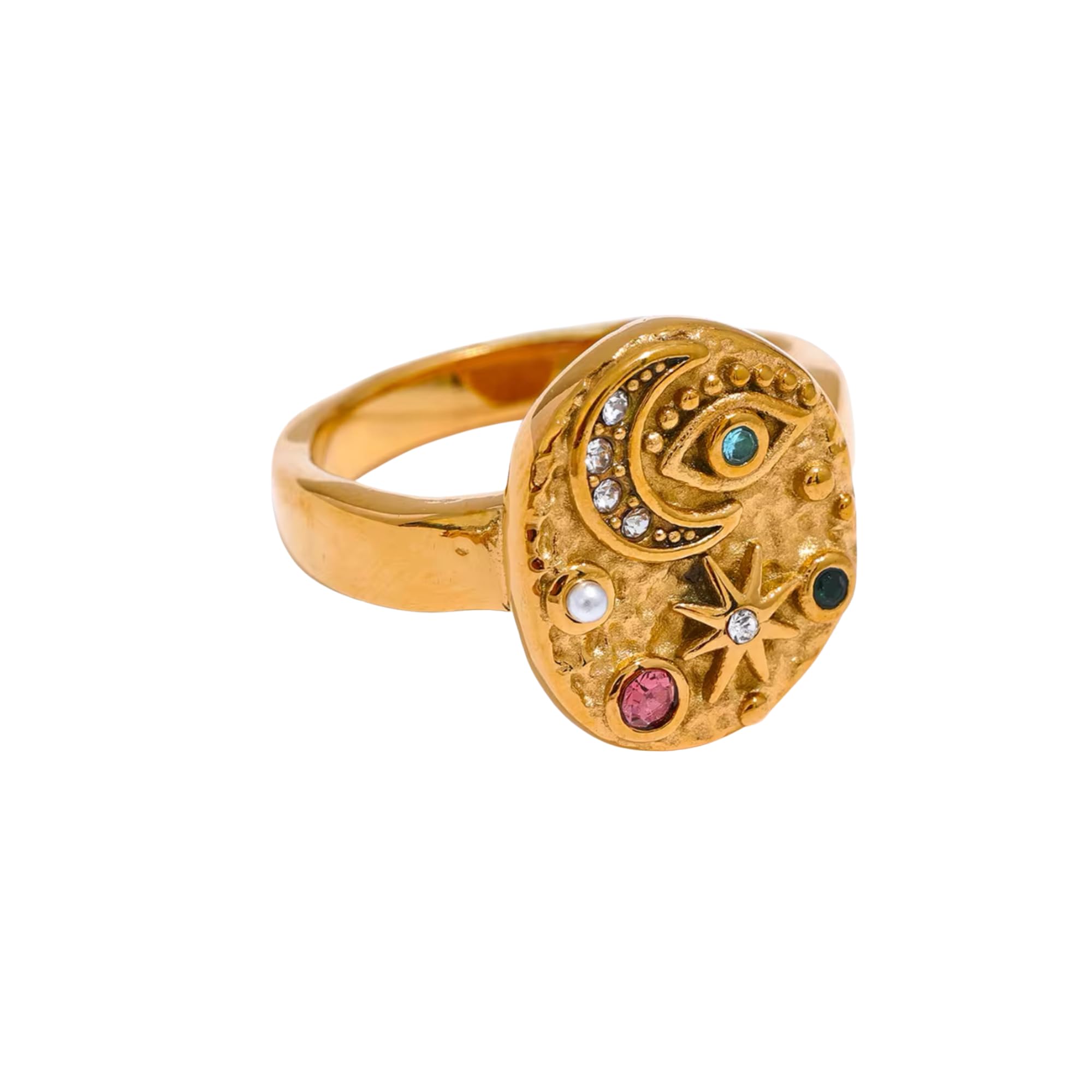 Moon Star Evil Eye Ring for Women - 18K Gold Plated Stainless Steel Celestial Statement Ring - Waterproof, Hypoallergenic & Anti-Tarnish Mystic Jewelry - Zodiac Spiritual Gift