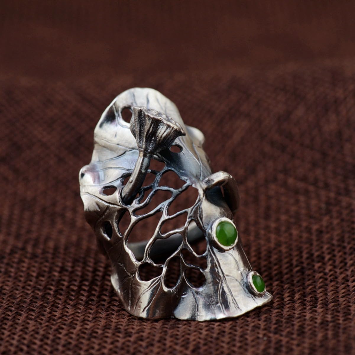 Vintage Large 990 Sterling Silver Lotus Leaf Wrap Ring with Natural Green Jade Punk Jewelry for Women Open Adjustable