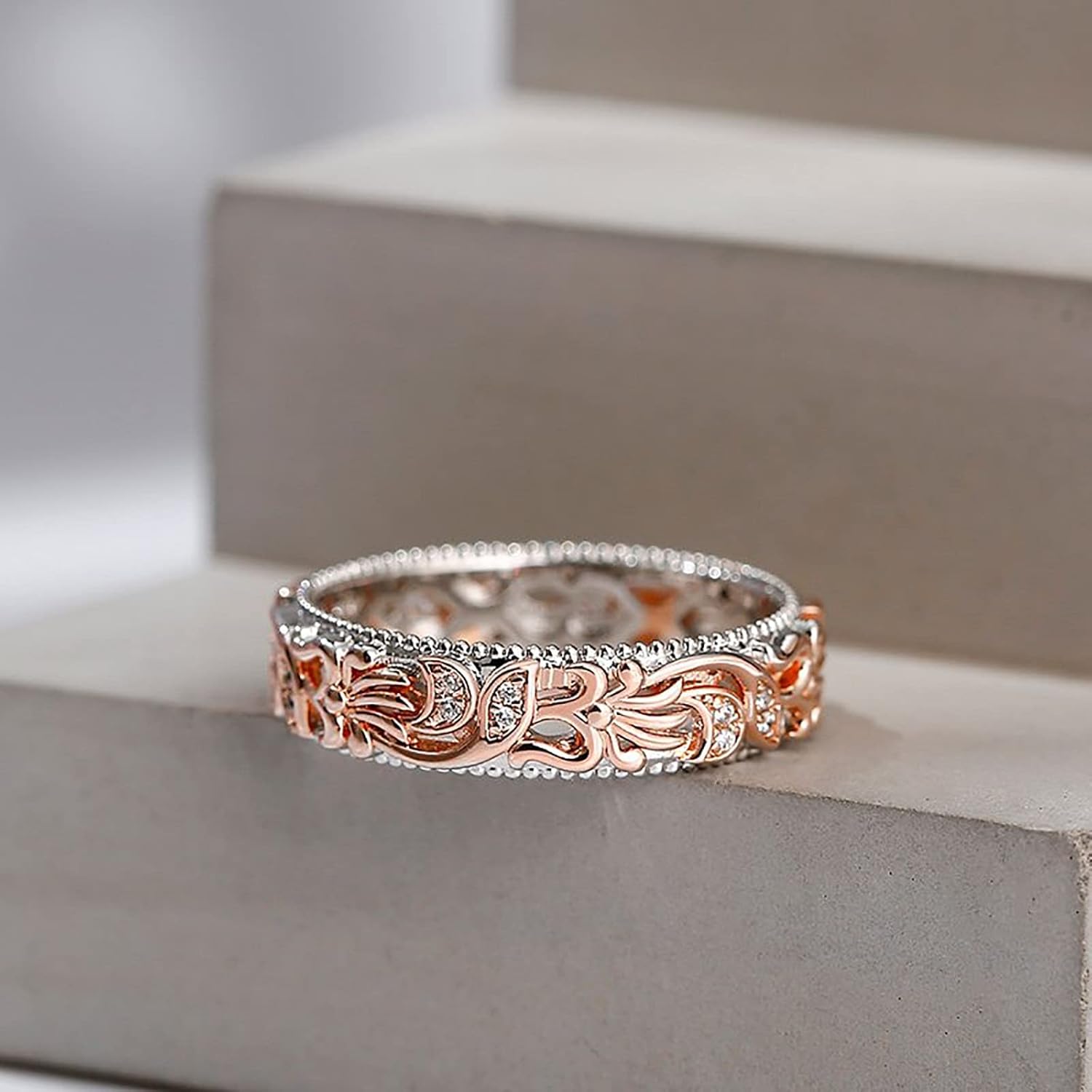 Jeulia Floral Ring Band Sterling Silver Two Tone Leaf Carved Vintage Unique Hollow Flower Rose Gold Jewelry Engagement Wedding Bridal Sets Stackable Anniversary Promise with Gift Box