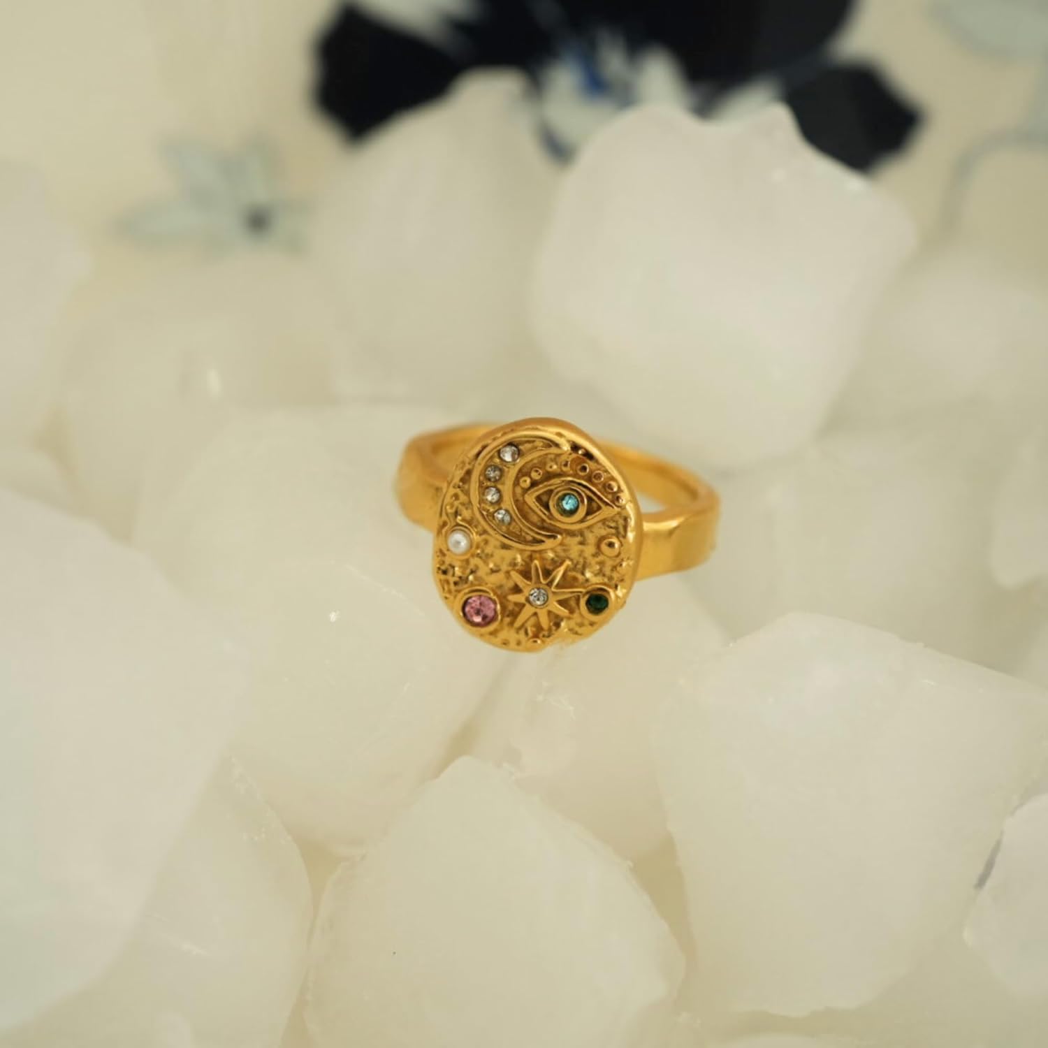 Moon Star Evil Eye Ring for Women - 18K Gold Plated Stainless Steel Celestial Statement Ring - Waterproof, Hypoallergenic & Anti-Tarnish Mystic Jewelry - Zodiac Spiritual Gift