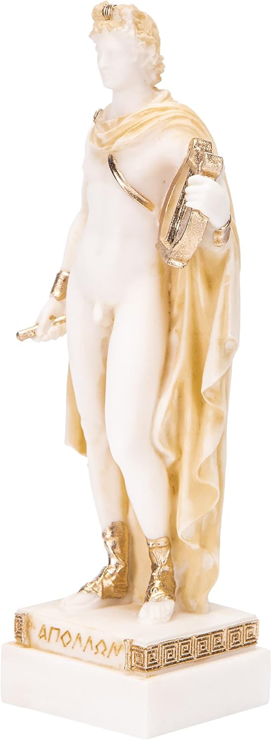 BEAUTIFUL GREEK STATUES Apollo God Of Music Poetry Art Gold Tone Alabaster Statue Sculpture 6.4 Inches