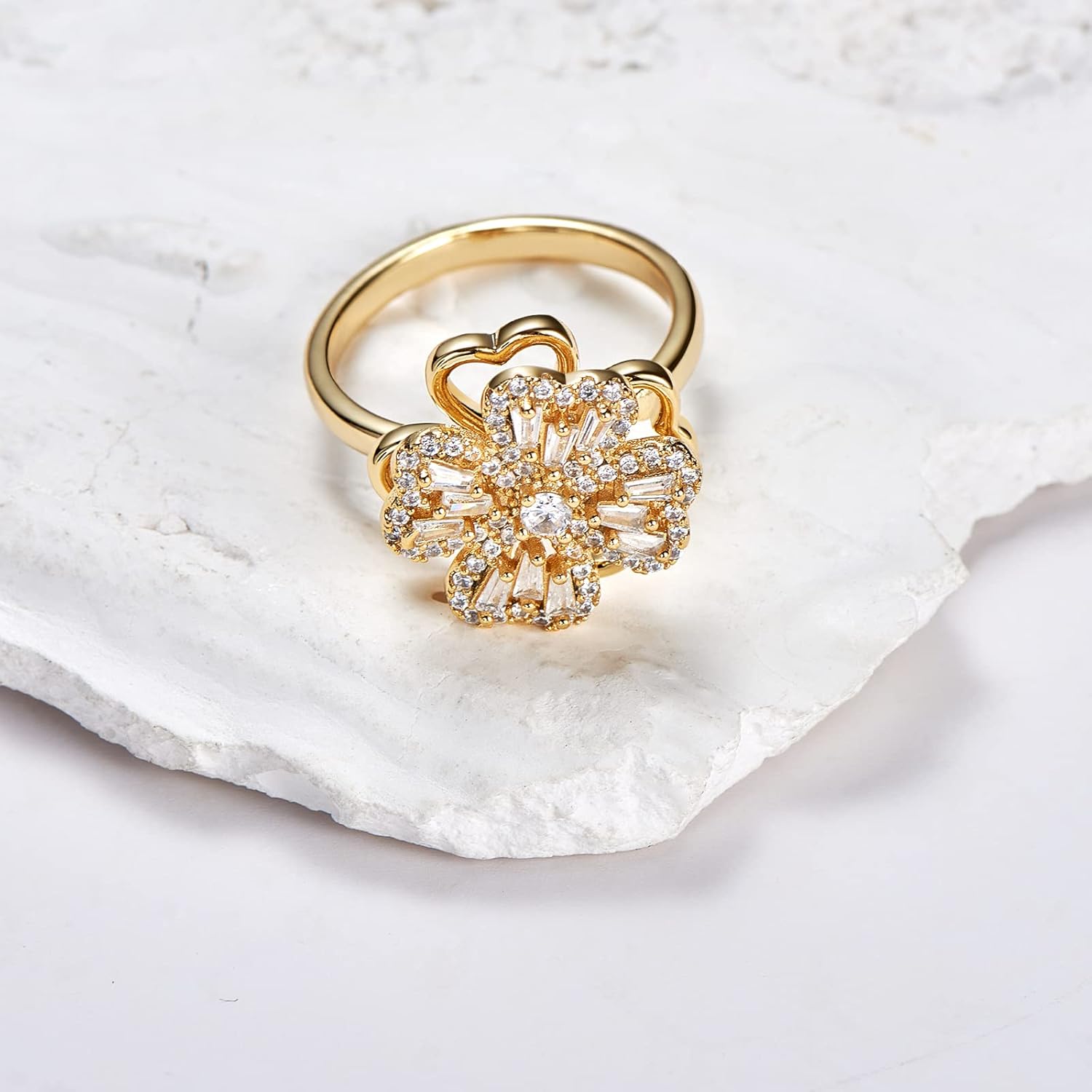 Ornaland Fidget Spinner Rings Adjustable Open Four Leaf Clover Ring Gold Cubic Zirconia Ring, Rotatable Cuff Pinwheel Ring for Women, 16.3mm