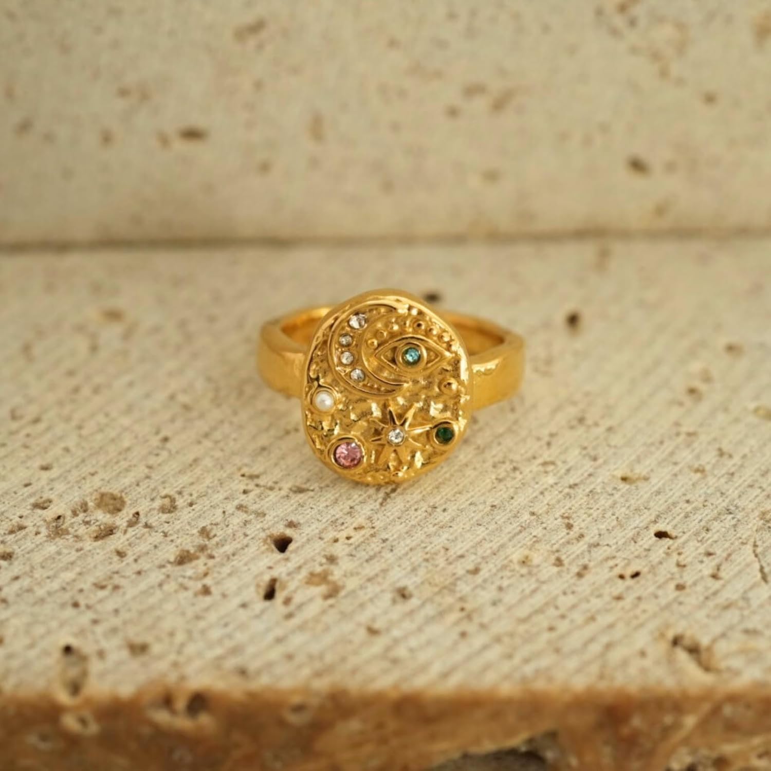 Moon Star Evil Eye Ring for Women - 18K Gold Plated Stainless Steel Celestial Statement Ring - Waterproof, Hypoallergenic & Anti-Tarnish Mystic Jewelry - Zodiac Spiritual Gift