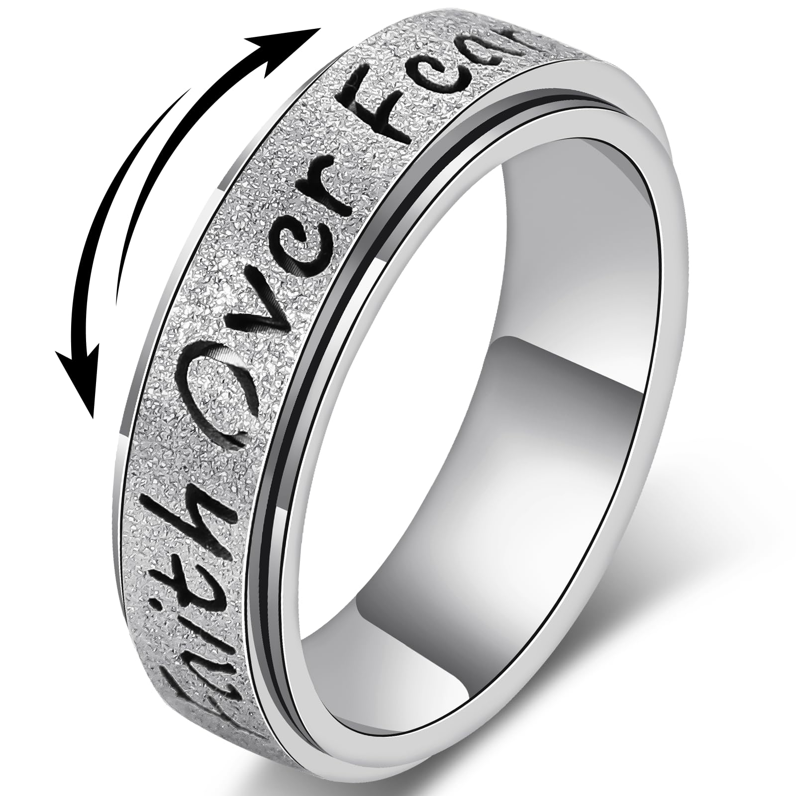 Fidget Spinner Ring for Women - Faith Over Fear Stainless Steel Anxiety Relief Rings for Adults, Christian Inspirational Hope Thumb Ring for Stress & Focus, Jewelry Gift for Women Men