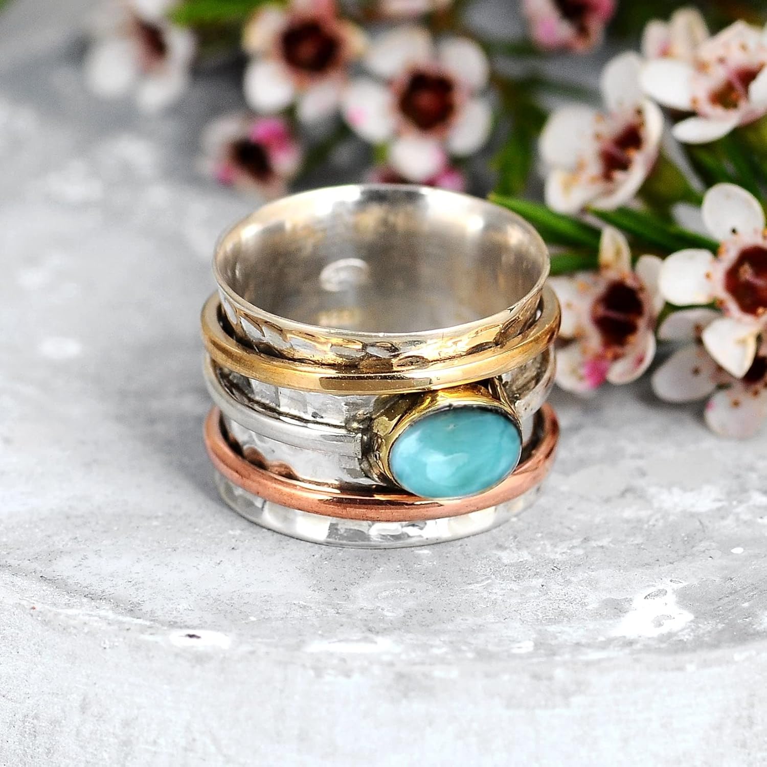 Boho-Magic 925 Sterling Silver Spinner Ring for Women with Larimar Gemstone – Wide Band Statement Ring with Copper and Brass Spinning Bands – Unique Handmade Silver Ring for Style and Calm