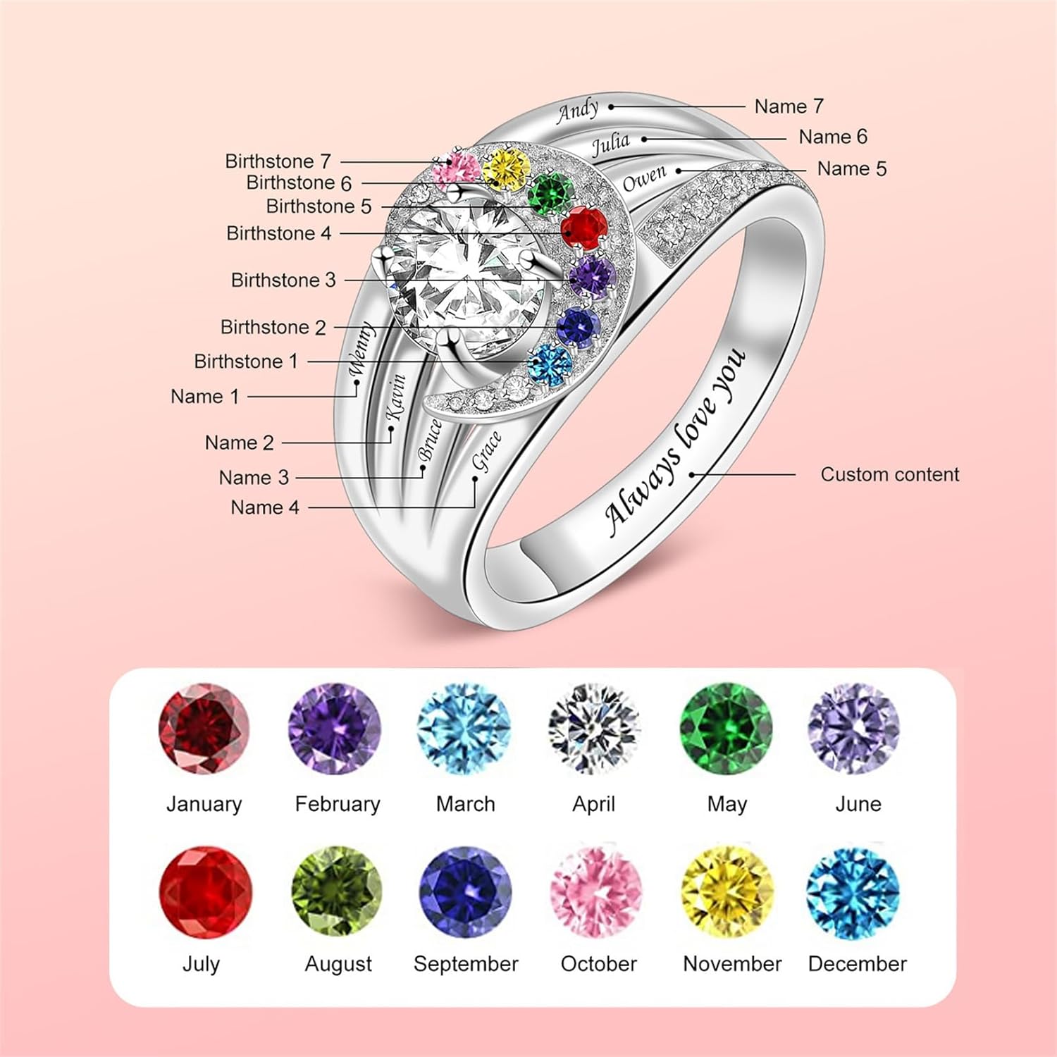 Sterling Silver Ring Personalized Mother Ring Birthstone Ring for Women with Name Customized 925 Silver Rings Mother's Day Gift for Mom