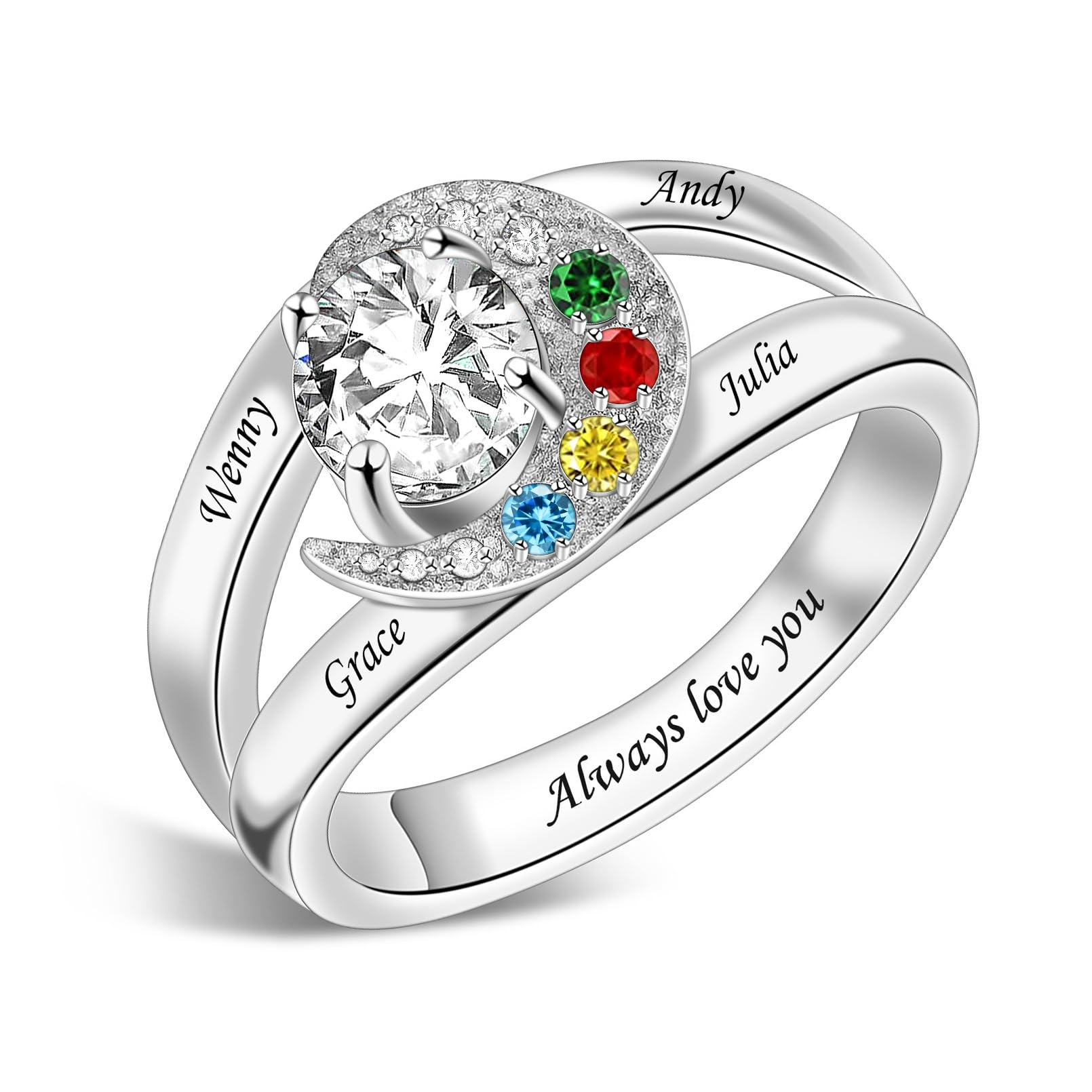 Sterling Silver Ring Personalized Mother Ring Birthstone Ring for Women with Name Customized 925 Silver Rings Mother's Day Gift for Mom