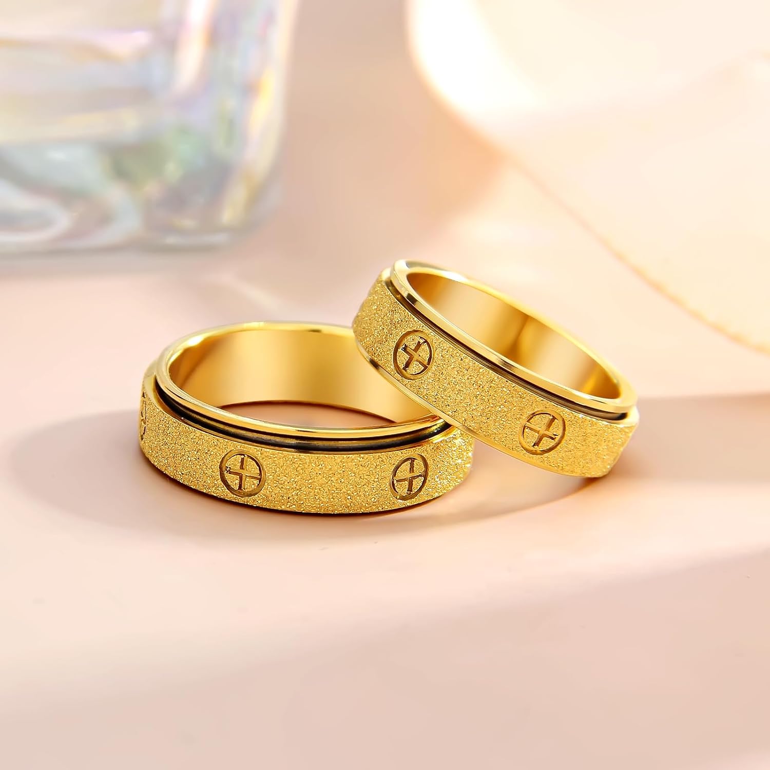 Dainty Gold Fidget Rings for Women: Stunning Fidget Toys & Fidget Spinners for Adults -18K Gold Plated Cross Rings, Love Ring & Eternity Band for Couples