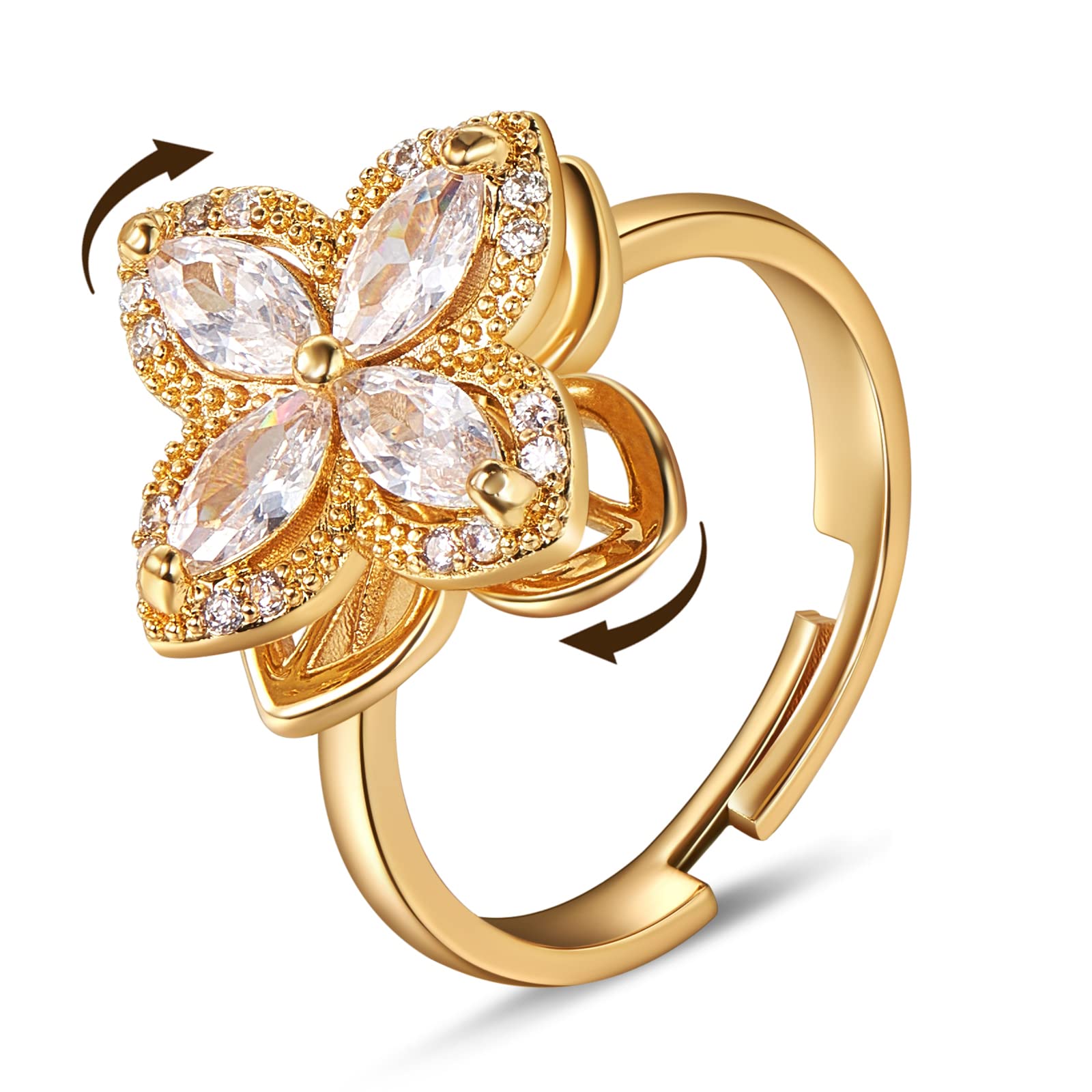 Ornaland Fidget Spinner Rings Adjustable Open Four Leaf Clover Ring Gold Cubic Zirconia Ring, Rotatable Cuff Pinwheel Ring for Women, 16.3mm
