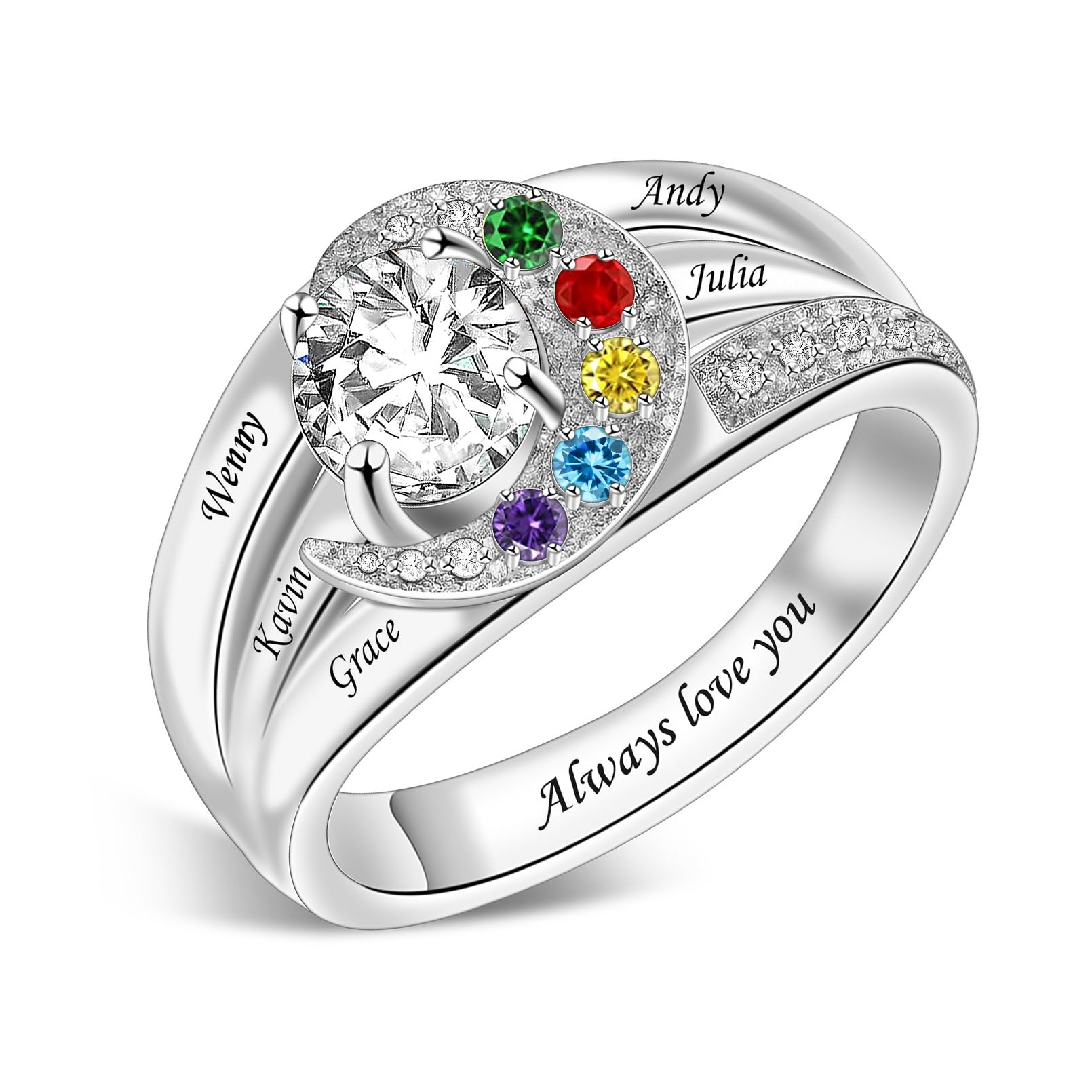 Sterling Silver Ring Personalized Mother Ring Birthstone Ring for Women with Name Customized 925 Silver Rings Mother's Day Gift for Mom