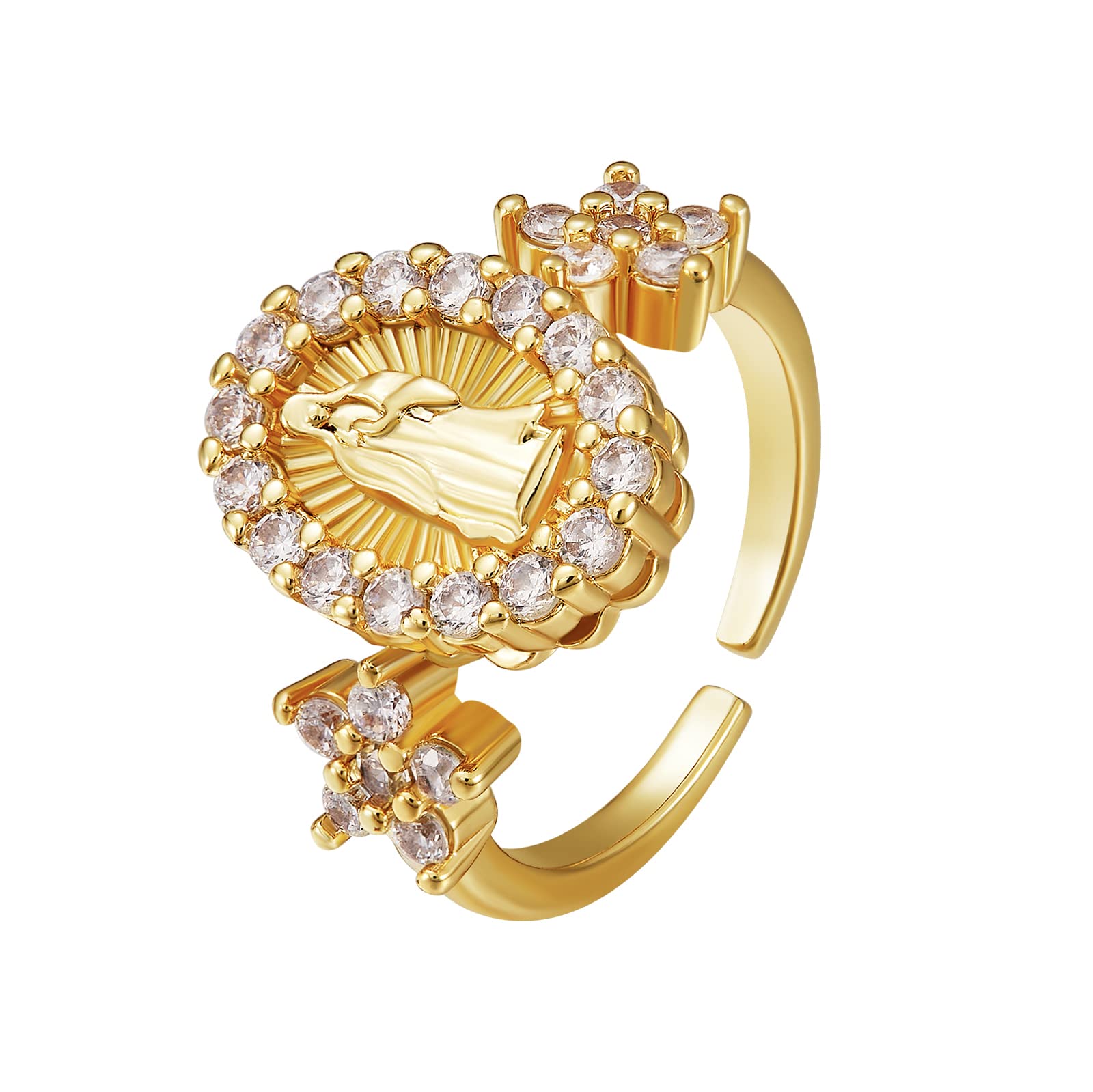 Ornaland Fidget Spinner Rings Adjustable Open Four Leaf Clover Ring Gold Cubic Zirconia Ring, Rotatable Cuff Pinwheel Ring for Women, 16.3mm