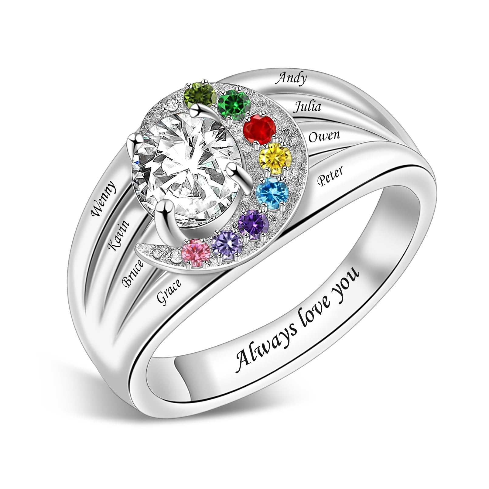 Sterling Silver Ring Personalized Mother Ring Birthstone Ring for Women with Name Customized 925 Silver Rings Mother's Day Gift for Mom