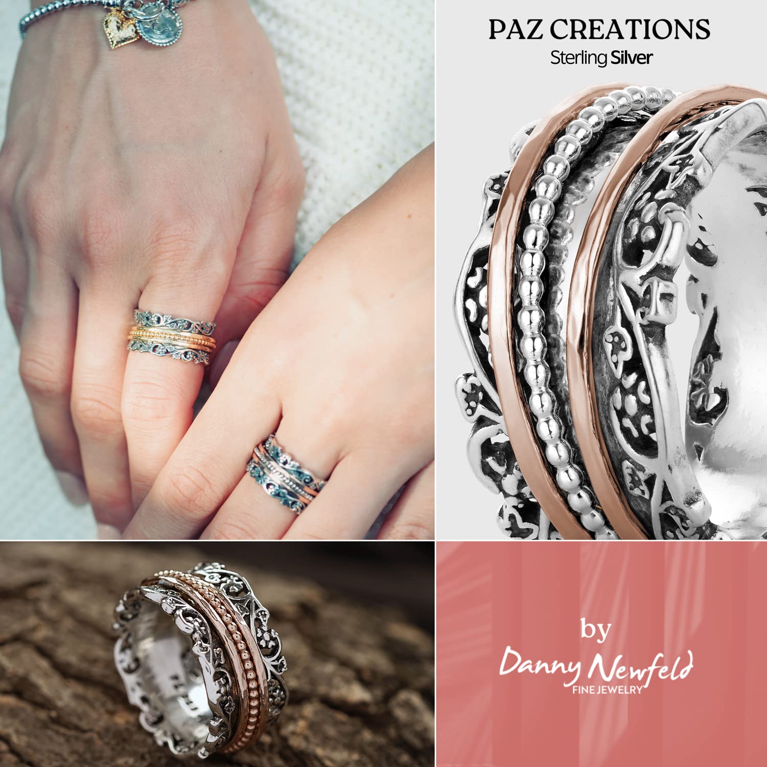 Paz Creations 925 Sterling Silver Spinner Ring for Woman, Anxiety Fidget Rings Hand Crafted, Vintage Style, with 1 Year Warranty