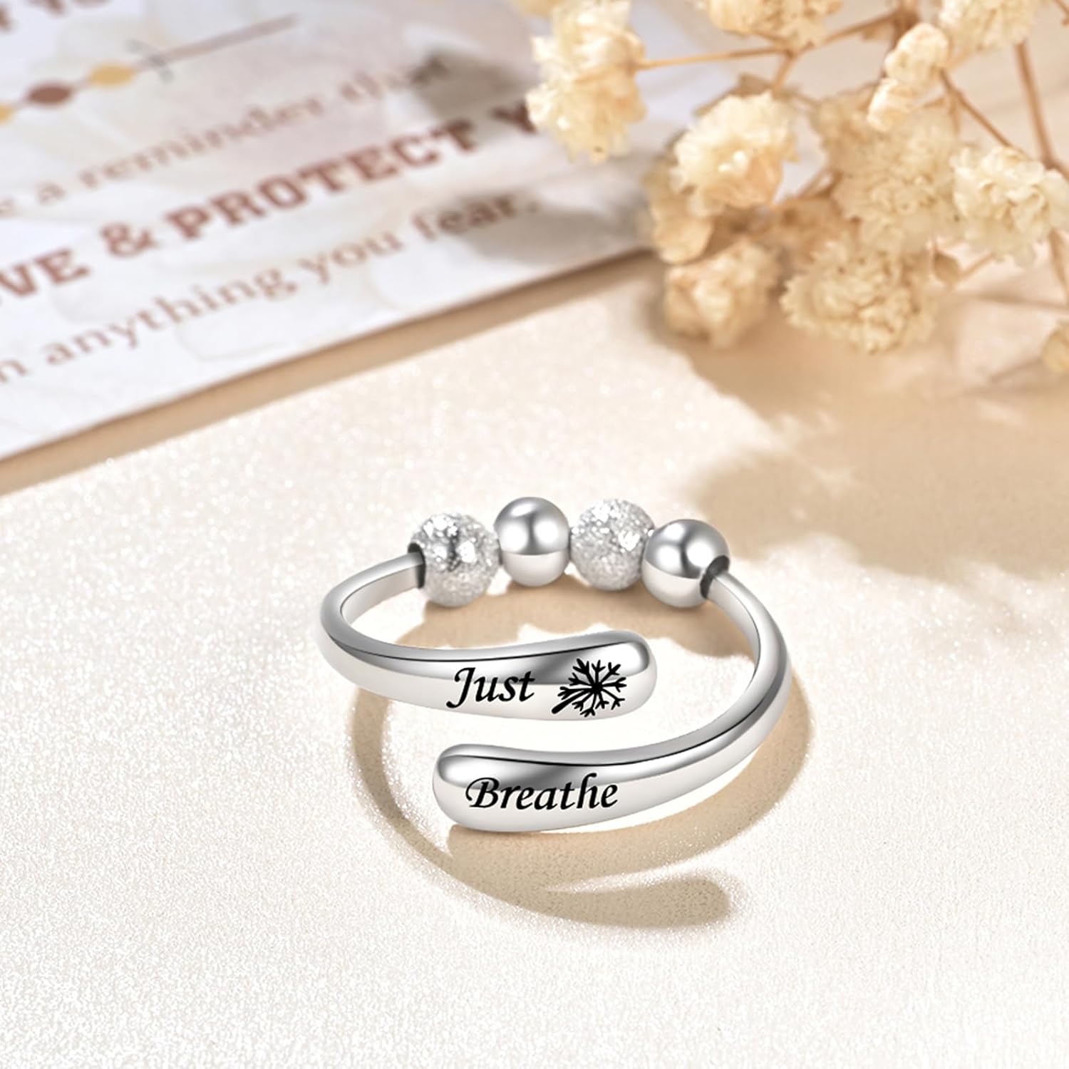 Just Breathe Rings Anxiety Rings for Women 925 Sterling Silver Adjustable Fidget Rings Anti-Anxiety Jewelry Gift