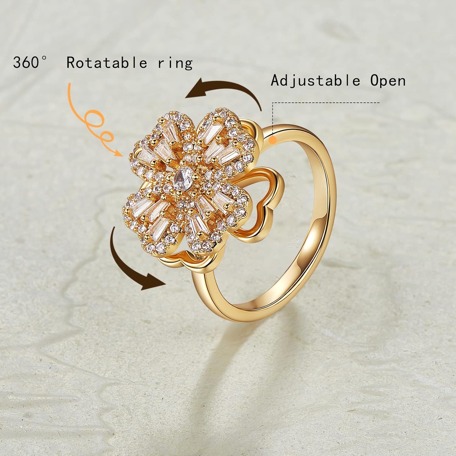 Ornaland Fidget Spinner Rings Adjustable Open Four Leaf Clover Ring Gold Cubic Zirconia Ring, Rotatable Cuff Pinwheel Ring for Women, 16.3mm