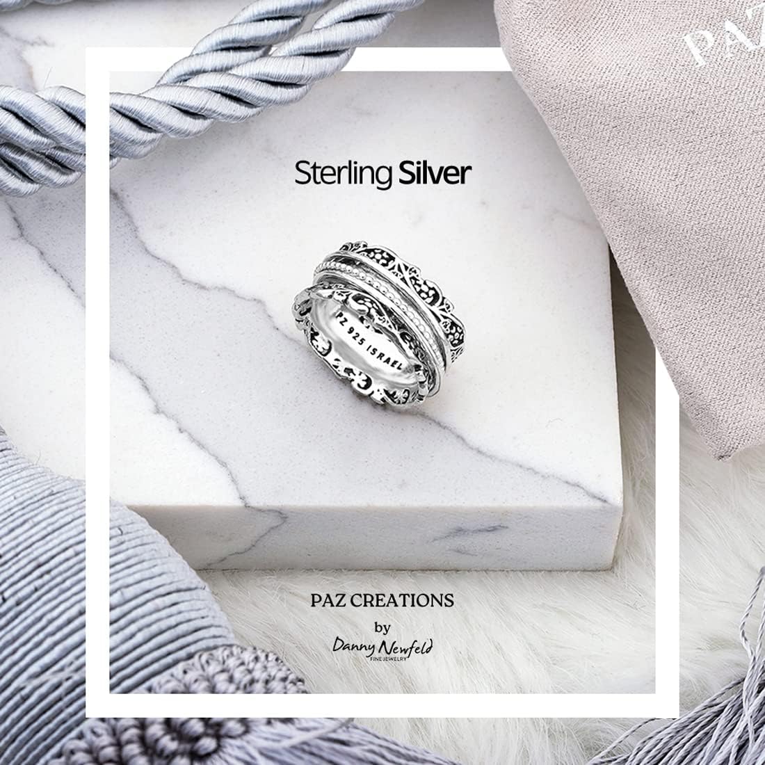 Paz Creations 925 Sterling Silver Spinner Ring for Woman, Anxiety Fidget Rings Hand Crafted, Vintage Style, with 1 Year Warranty