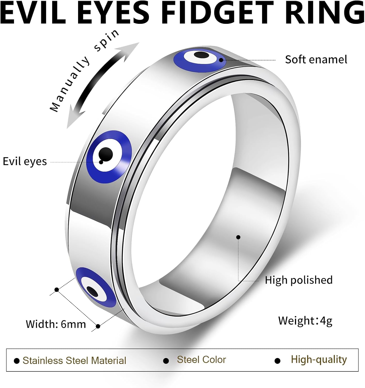 Evil Eye Fidget Ring for Women - 18K Gold Plated Stainless Steel Spinner Rings for Anxiety Relief, Ojo Turco Ring Luck Amulet, Turkish Faith Protection Stackable Jewelry Gift for Women Men