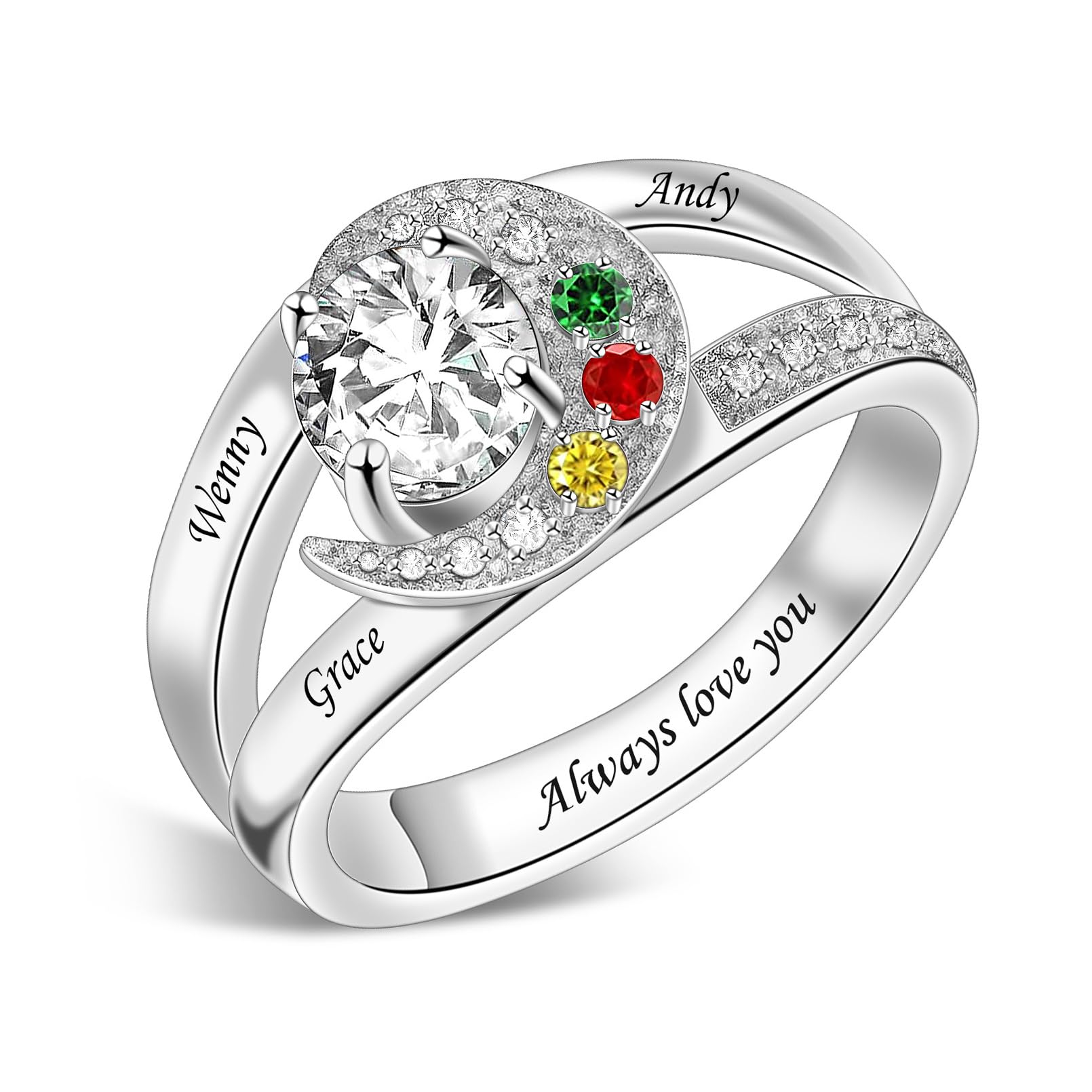 Sterling Silver Ring Personalized Mother Ring Birthstone Ring for Women with Name Customized 925 Silver Rings Mother's Day Gift for Mom