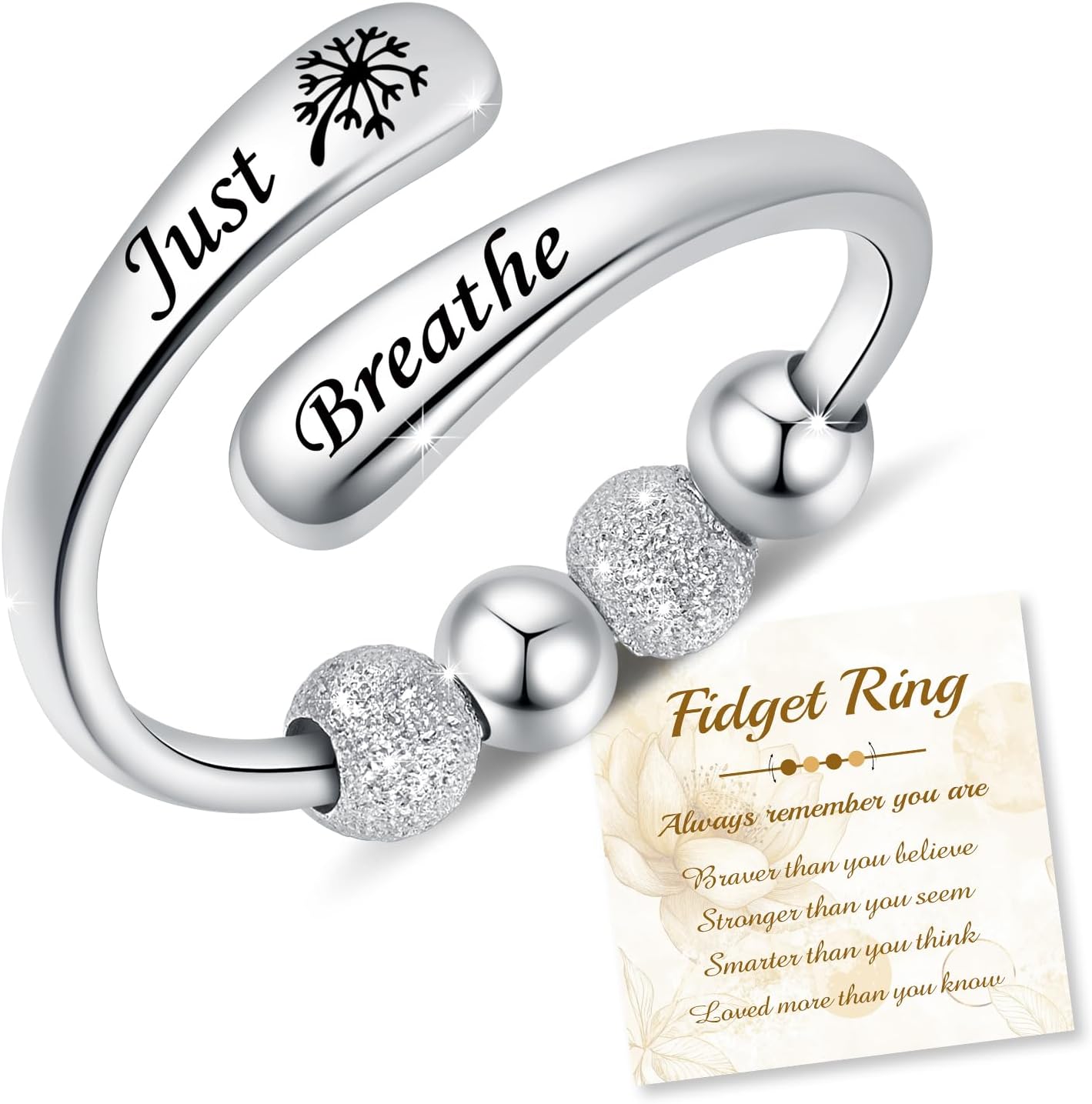Just Breathe Rings Anxiety Rings for Women 925 Sterling Silver Adjustable Fidget Rings Anti-Anxiety Jewelry Gift