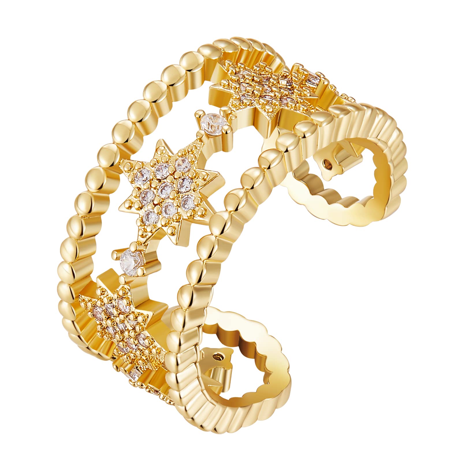 Ornaland Fidget Spinner Rings Adjustable Open Four Leaf Clover Ring Gold Cubic Zirconia Ring, Rotatable Cuff Pinwheel Ring for Women, 16.3mm