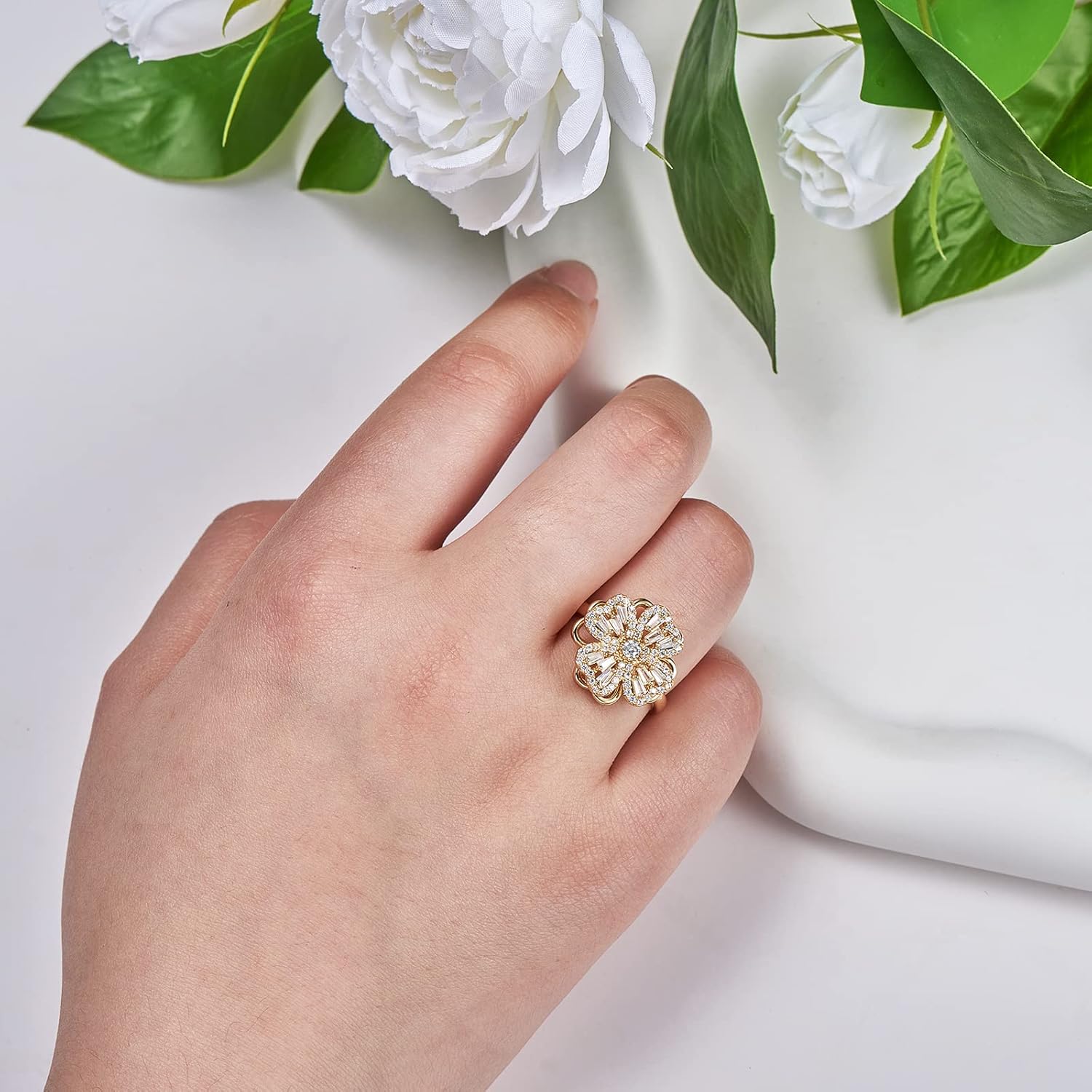 Ornaland Fidget Spinner Rings Adjustable Open Four Leaf Clover Ring Gold Cubic Zirconia Ring, Rotatable Cuff Pinwheel Ring for Women, 16.3mm