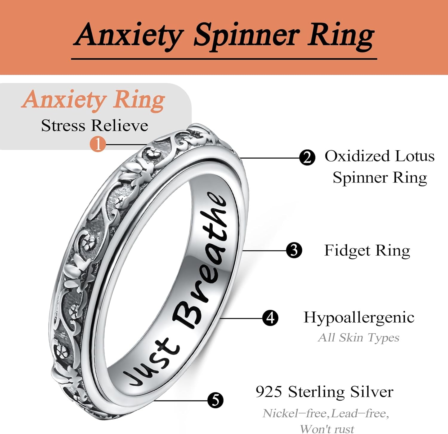 Ladytree Anxiety Relieve Rings 925 Sterling Silver Spinner Fidget Ring Worry Stress Relieving Boredom ADHD Autism Ring Platinum Plated Jewelry Birthday Gifts for Women Men