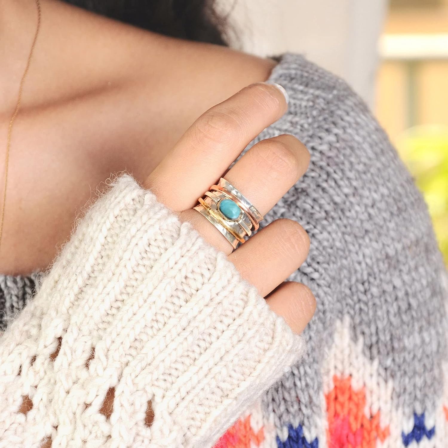 Boho-Magic 925 Sterling Silver Spinner Ring for Women with Larimar Gemstone – Wide Band Statement Ring with Copper and Brass Spinning Bands – Unique Handmade Silver Ring for Style and Calm