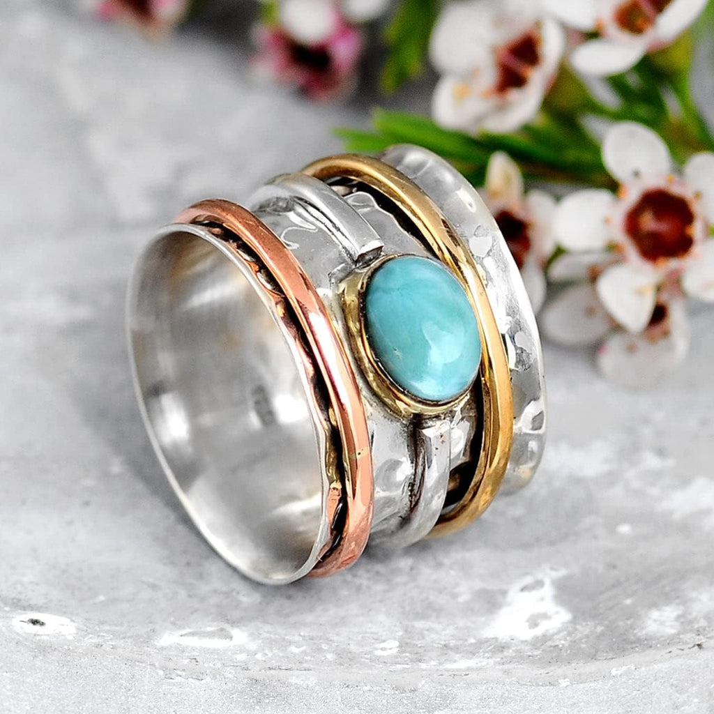 Boho-Magic 925 Sterling Silver Spinner Ring for Women with Larimar Gemstone – Wide Band Statement Ring with Copper and Brass Spinning Bands – Unique Handmade Silver Ring for Style and Calm