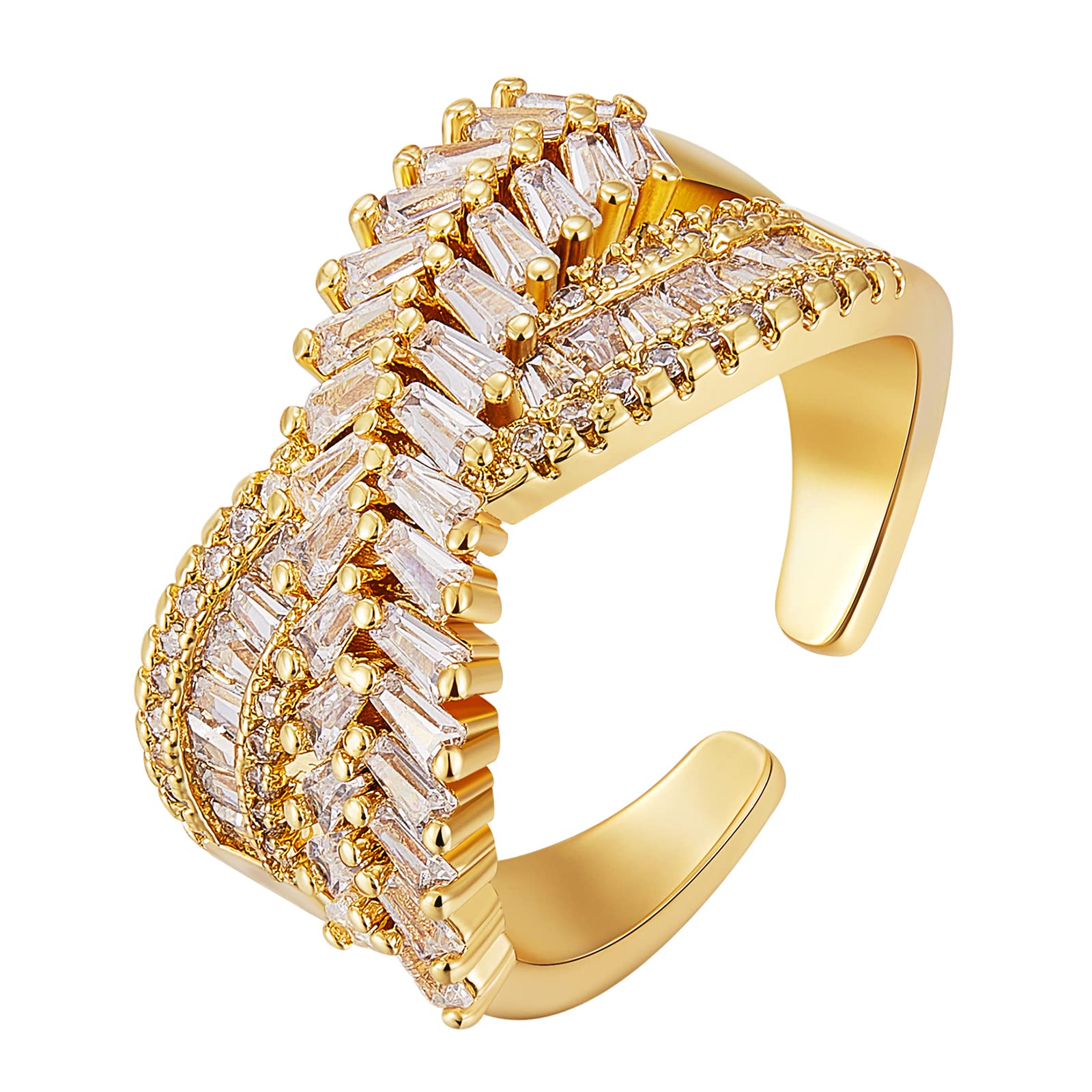 Ornaland Fidget Spinner Rings Adjustable Open Four Leaf Clover Ring Gold Cubic Zirconia Ring, Rotatable Cuff Pinwheel Ring for Women, 16.3mm