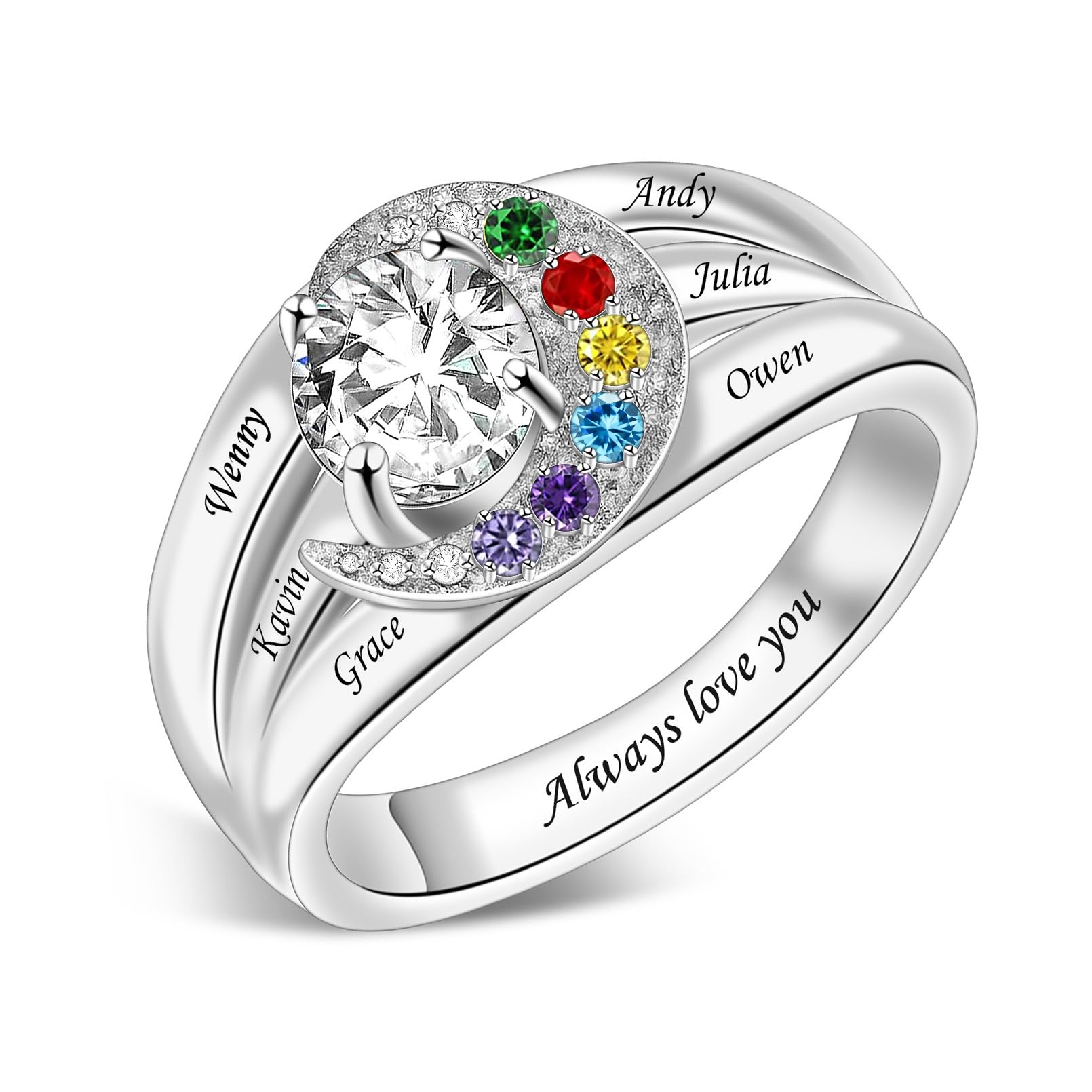 Sterling Silver Ring Personalized Mother Ring Birthstone Ring for Women with Name Customized 925 Silver Rings Mother's Day Gift for Mom