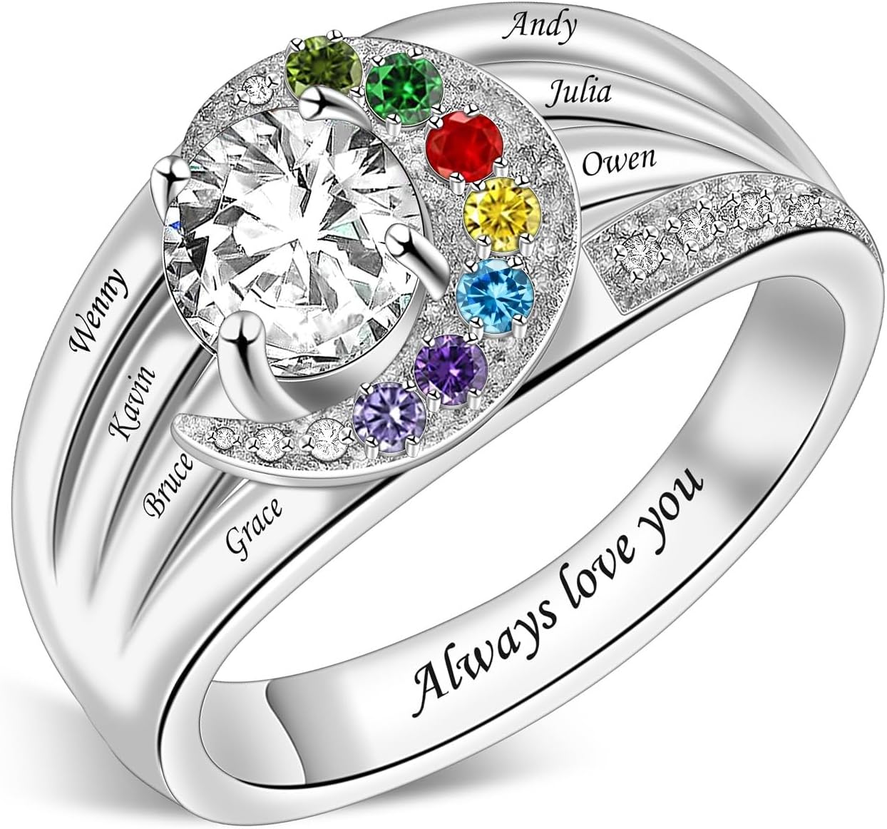 Sterling Silver Ring Personalized Mother Ring Birthstone Ring for Women with Name Customized 925 Silver Rings Mother's Day Gift for Mom