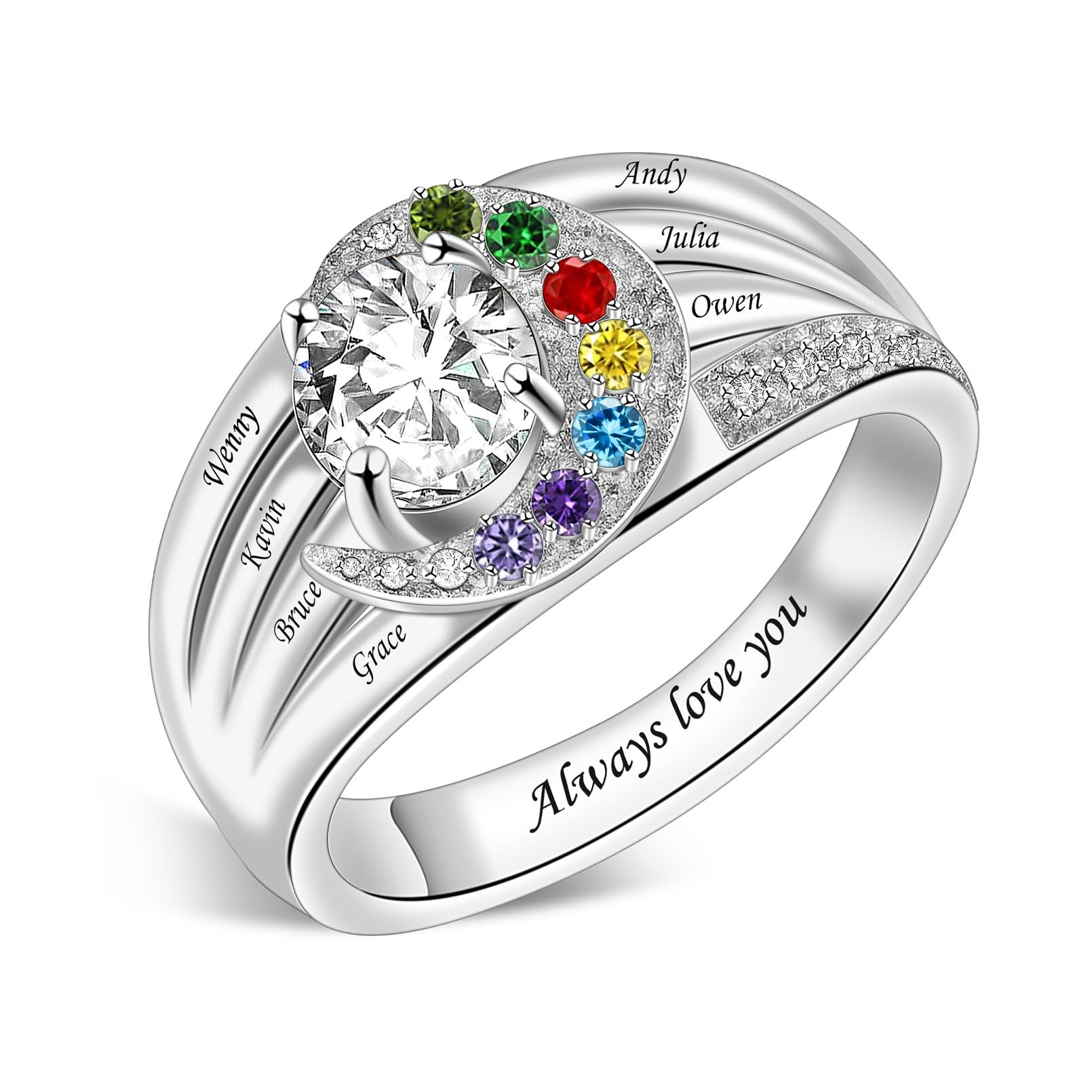 Sterling Silver Ring Personalized Mother Ring Birthstone Ring for Women with Name Customized 925 Silver Rings Mother's Day Gift for Mom