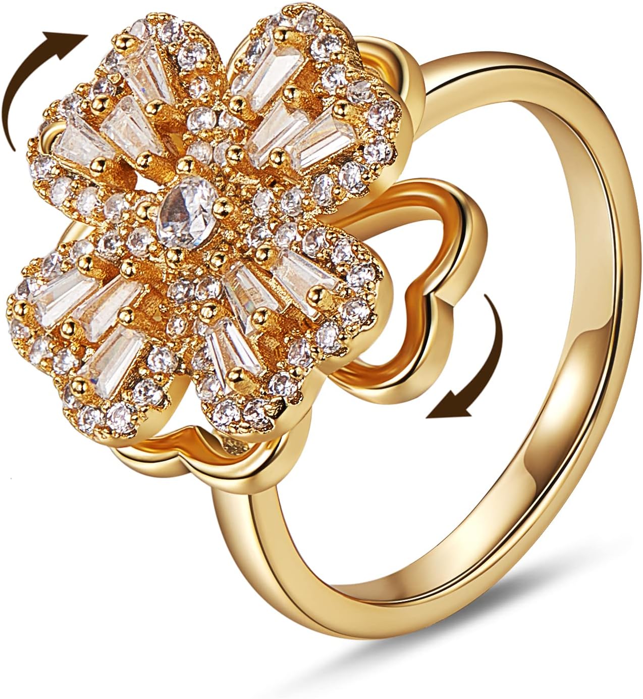 Ornaland Fidget Spinner Rings Adjustable Open Four Leaf Clover Ring Gold Cubic Zirconia Ring, Rotatable Cuff Pinwheel Ring for Women, 16.3mm