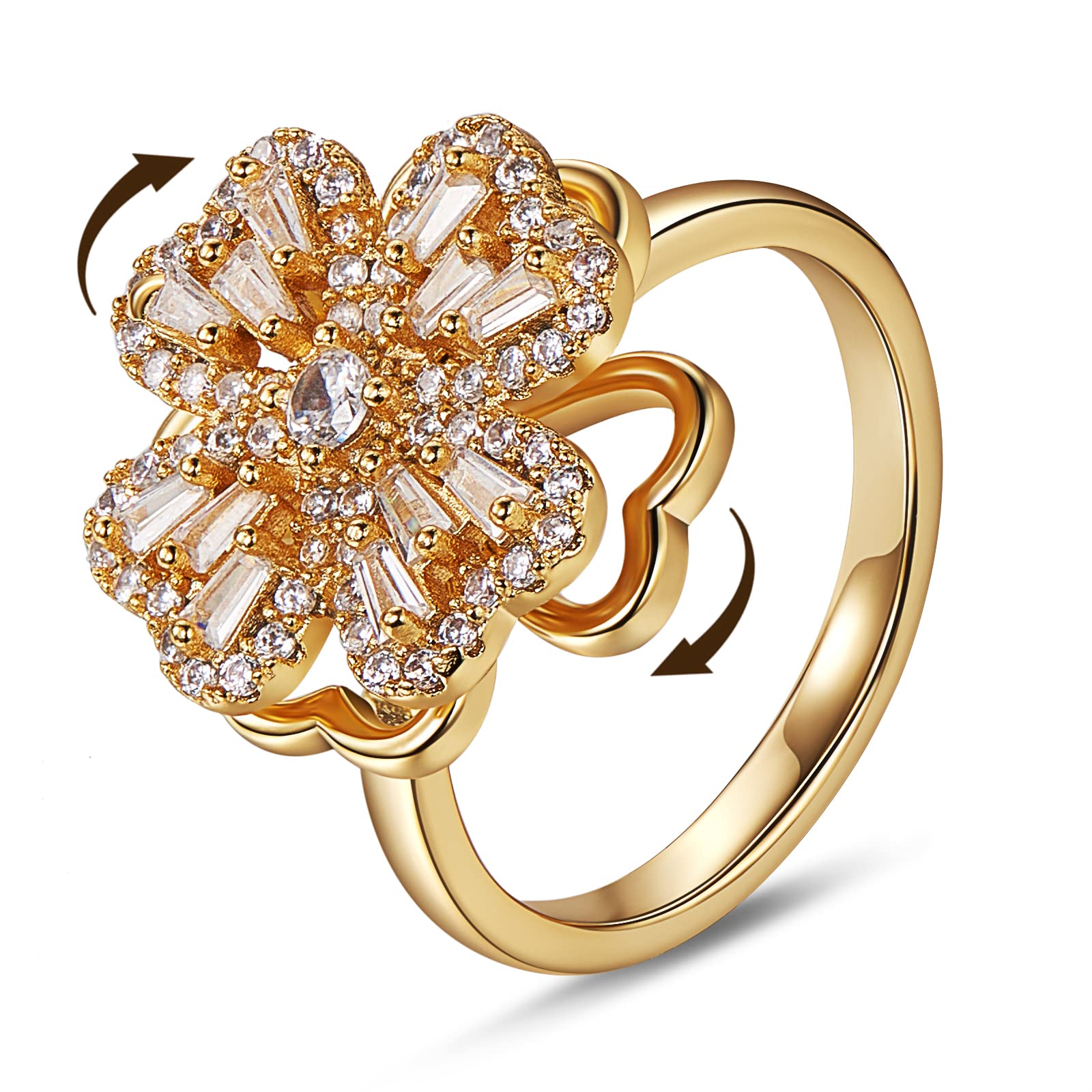 Ornaland Fidget Spinner Rings Adjustable Open Four Leaf Clover Ring Gold Cubic Zirconia Ring, Rotatable Cuff Pinwheel Ring for Women, 16.3mm
