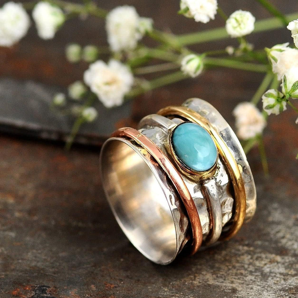Boho-Magic 925 Sterling Silver Spinner Ring for Women with Larimar Gemstone – Wide Band Statement Ring with Copper and Brass Spinning Bands – Unique Handmade Silver Ring for Style and Calm