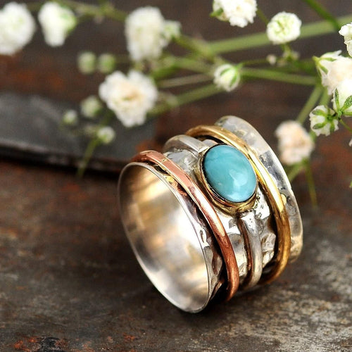 Boho-Magic 925 Sterling Silver Spinner Ring for Women with Larimar Gemstone – Wide Band Statement Ring with Copper and Brass Spinning Bands – Unique Handmade Silver Ring for Style and Calm