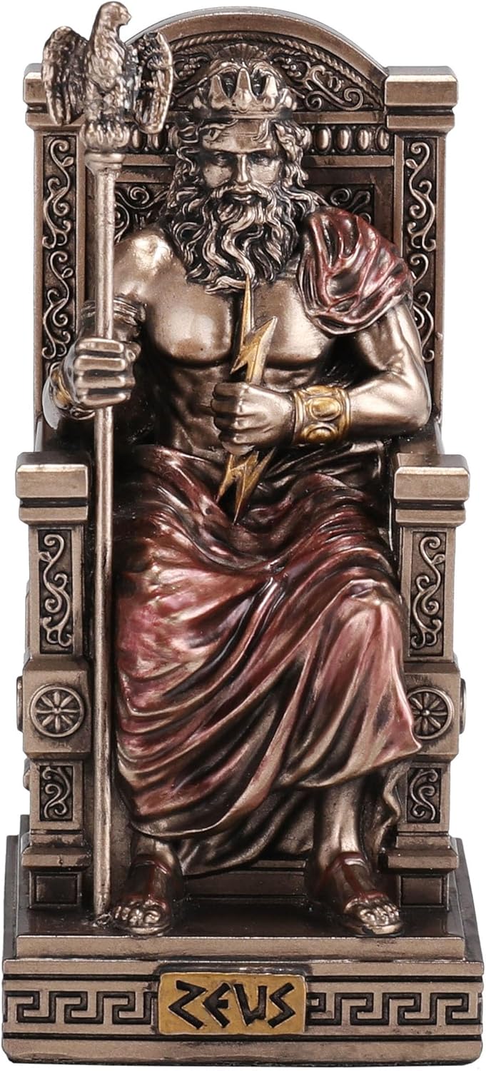 Veronese Design 3 3/8 Inch Zeus Sitting On Throne Holding Thunderbolt Resin Sculpture Painted Bronze Finish Miniature
